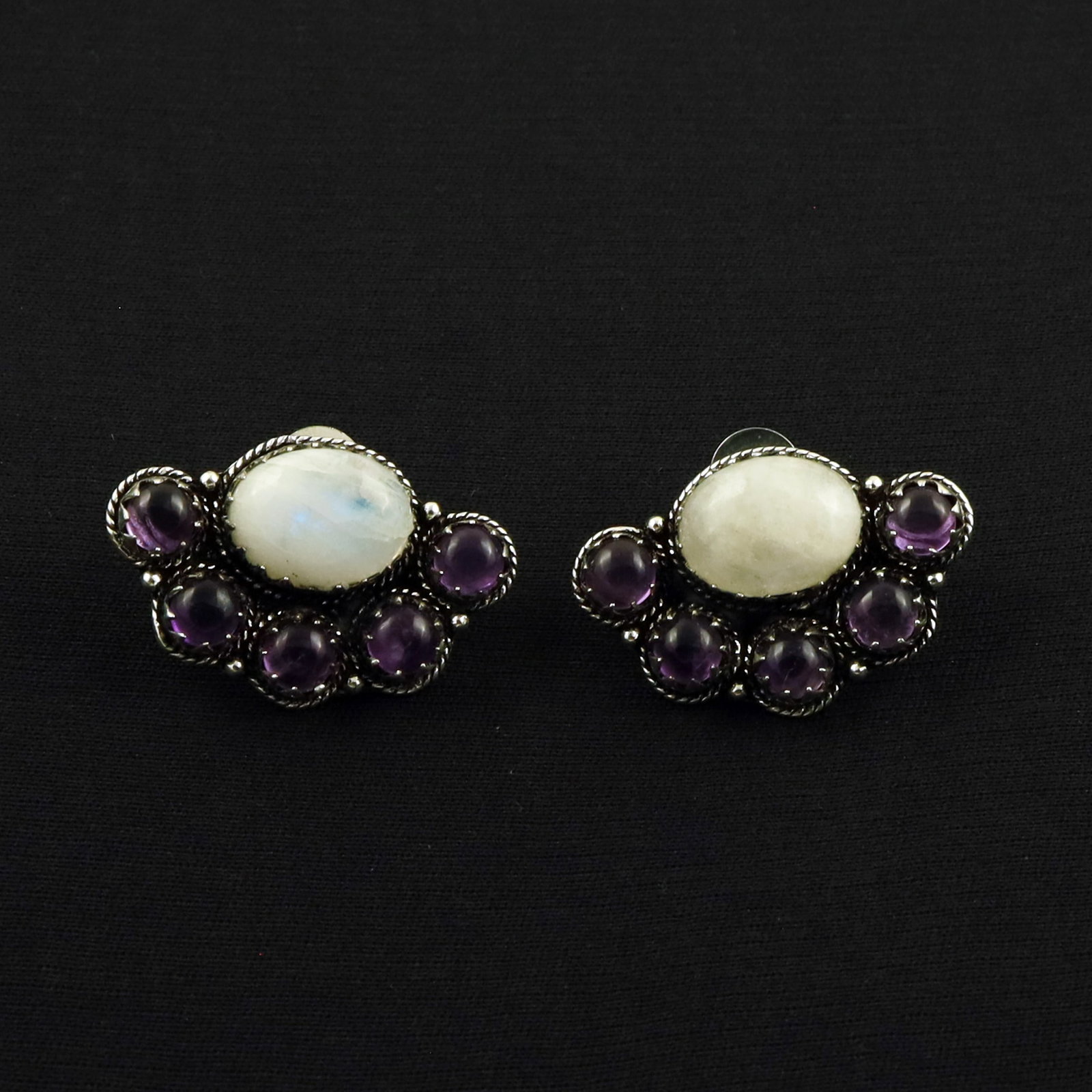 Natural Rainbow Moonstone & Amethyst Sterling Silver Plated Handmade Stud Earring: Product ID: 260701144325 Product - Handmade Silver Plated Stud Earring Metal - 92.5 Sterling Silver Plated Earring Type - Stud Gemstone - Rainbow Moonstone & Amethyst Gemstone Origin - India & United 