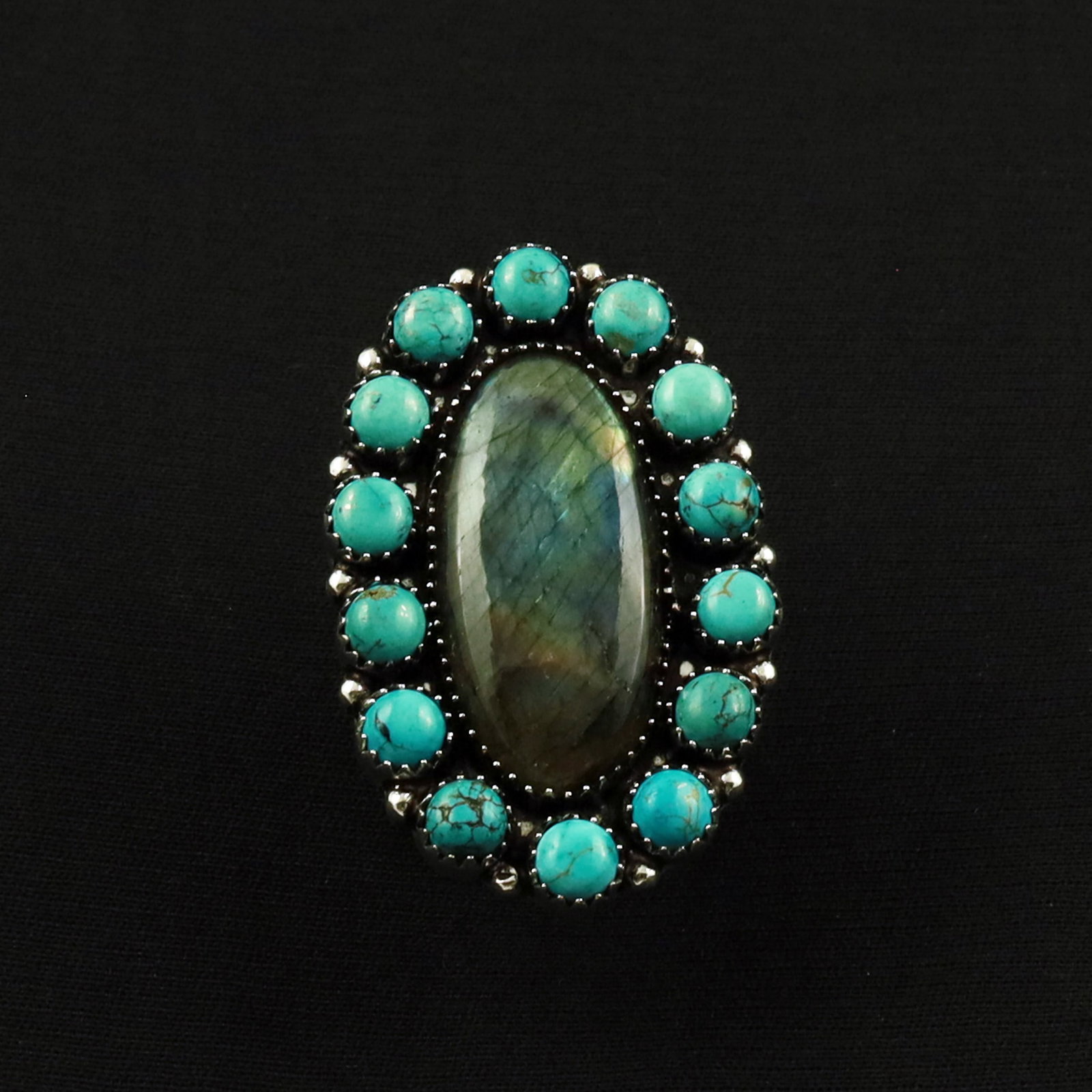 Natural Turquoise & Labradorite Sterling Silver Plated Handmade Ring - 8.5MM: Product ID: 260702115115 Product - Handmade Silver Plated Ring Metal - 92.5 Sterling Silver Plated Ring Size - 8.5MM Gemstone -Turquoise & Labradorite Gemstone Origin - Tibet & Canada Gemstone Size - 