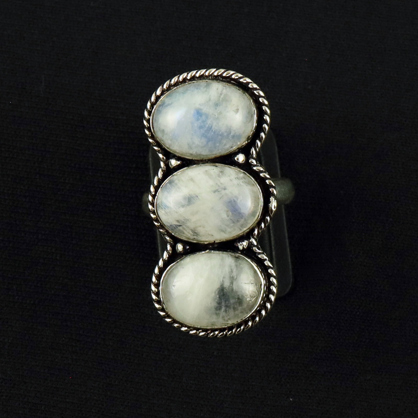 Natural Rainbow Moonstone Sterling Silver Plated Handmade Ring - 9MM: Product ID: 260611173948 Product - Handmade Silver Plated Ring Metal - 92.5 Sterling Silver Plated Ring Size - 9MM Gemstone - Rainbow Moonstone Gemstone Origin - India Gemstone Size - 10X14 MM ( 3 Sto