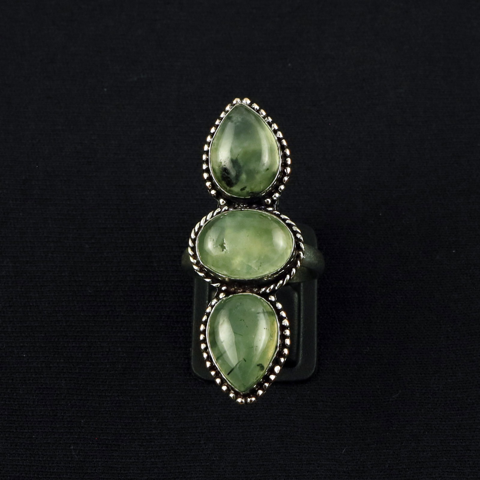 Natural Prehnite Sterling Silver Plated Handmade Ring - 9MM: Product ID: 260610143616 Product - Handmade Silver Plated Ring Metal - 92.5 Sterling Silver Plated Ring Size - 9MM Gemstone - Prehnite Gemstone Origin - South Africa Gemstone Size - 10X14 MM ( 3 Stone