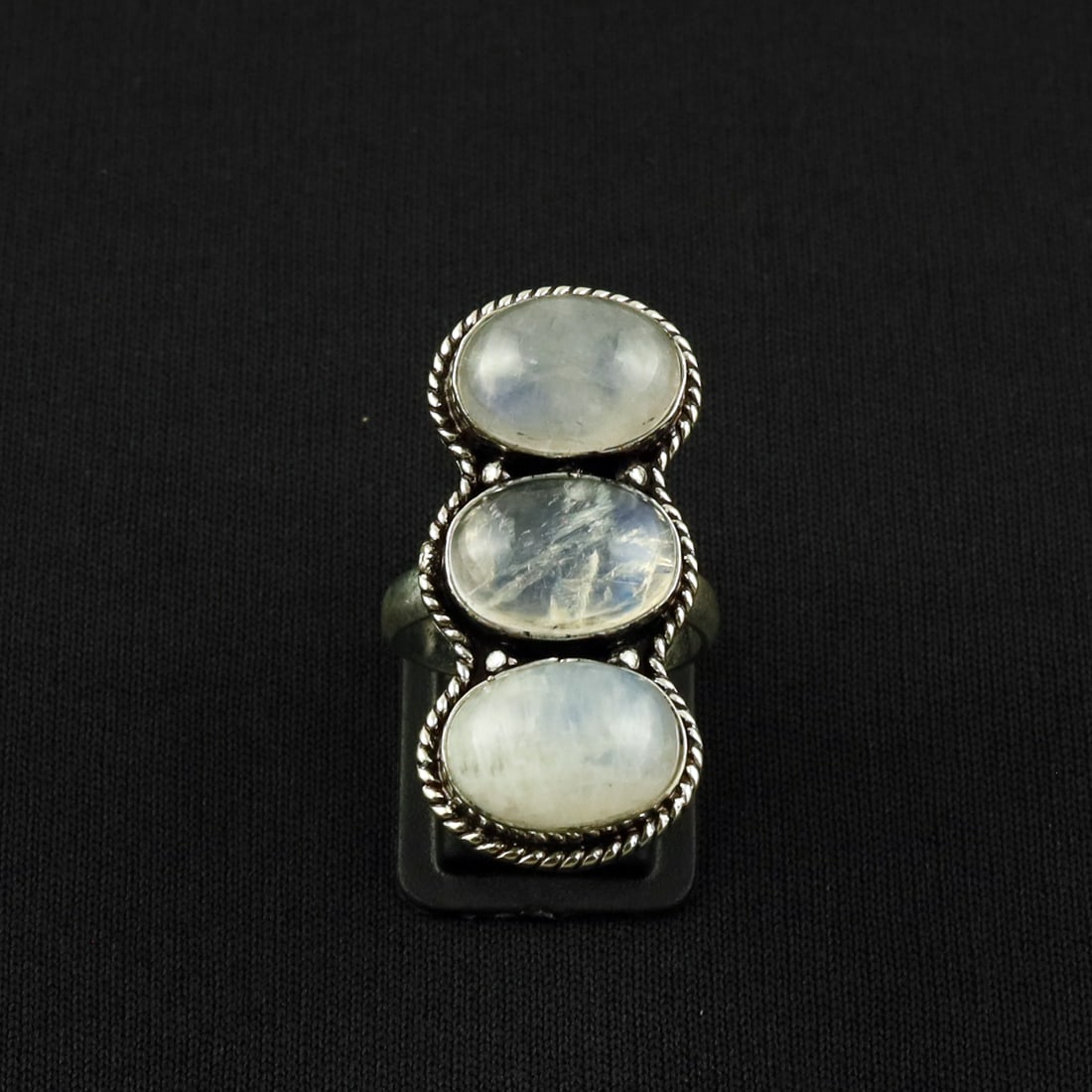 Natural Rainbow Moonstone Sterling Silver Plated Handmade Ring - 9MM: Product ID: 260609140143 Product - Handmade Silver Plated Ring Metal - 92.5 Sterling Silver Plated Ring Size - 9MM Gemstone - Rainbow Moonstone Gemstone Origin - India Gemstone Size - 10X14 MM ( 3 Sto