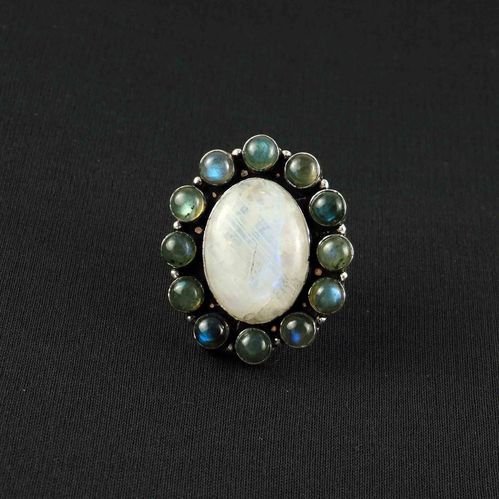 Natural Rainbow Moonstone & Labradorite Silver Plated Handmade Ring - 9MM: Product ID: 260527155448 Product - Handmade Silver Plated Ring Metal - 92.5 Sterling Silver Plated Ring Size - 9MM Gemstone - Rainbow Moonstone & Labradorite Gemstone Origin - India / Canada Gemstone 
