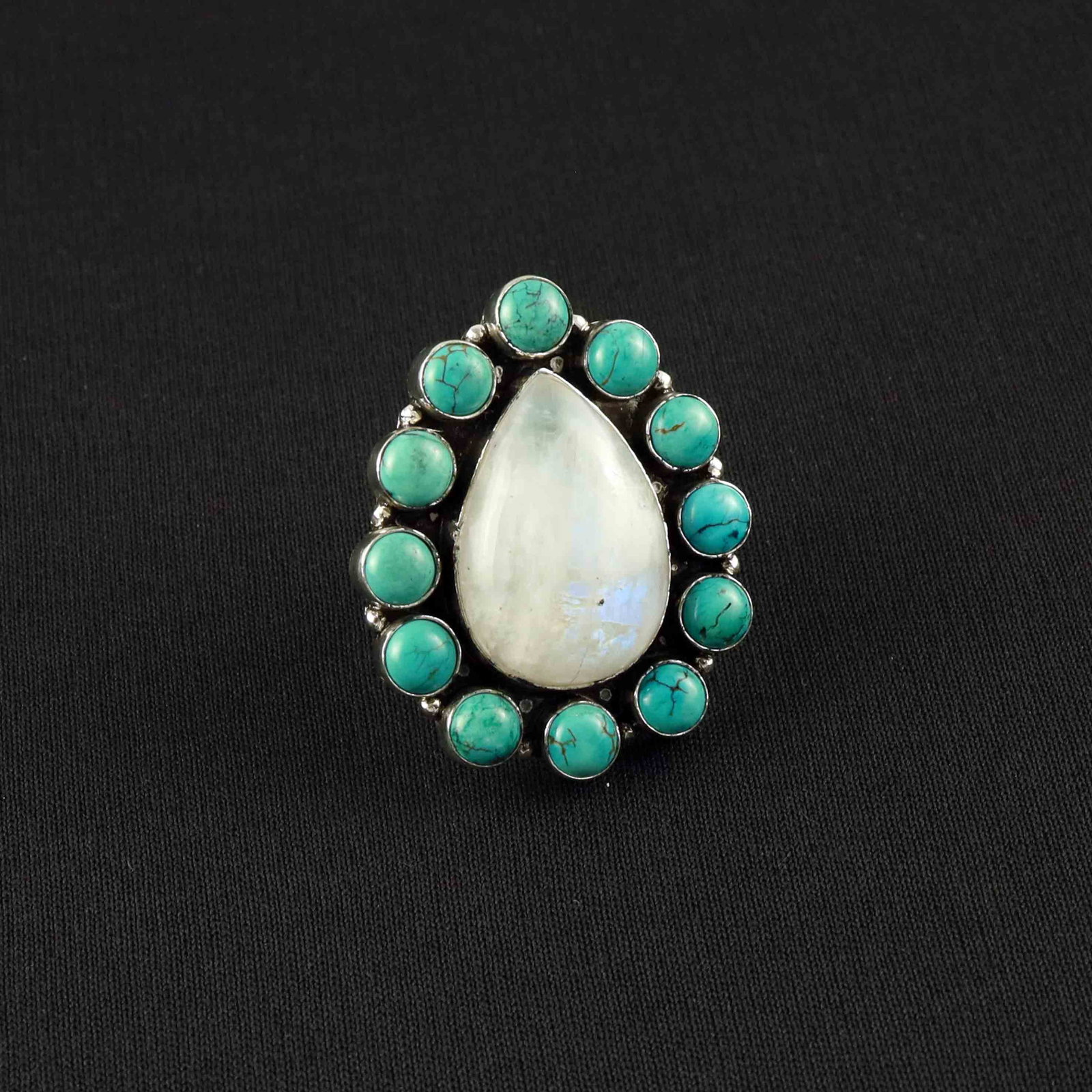 Natural Moonstone & Turquoise Sterling Silver Plated Handmade Ring - 9MM: Product ID: 260527154107 Product - Handmade Silver Plated Ring Metal - 92.5 Sterling Silver Plated Ring Size - 9MM Gemstone - Rainbow Moonstone / Turquoise Gemstone Origin - India / Tibet Gemstone Siz