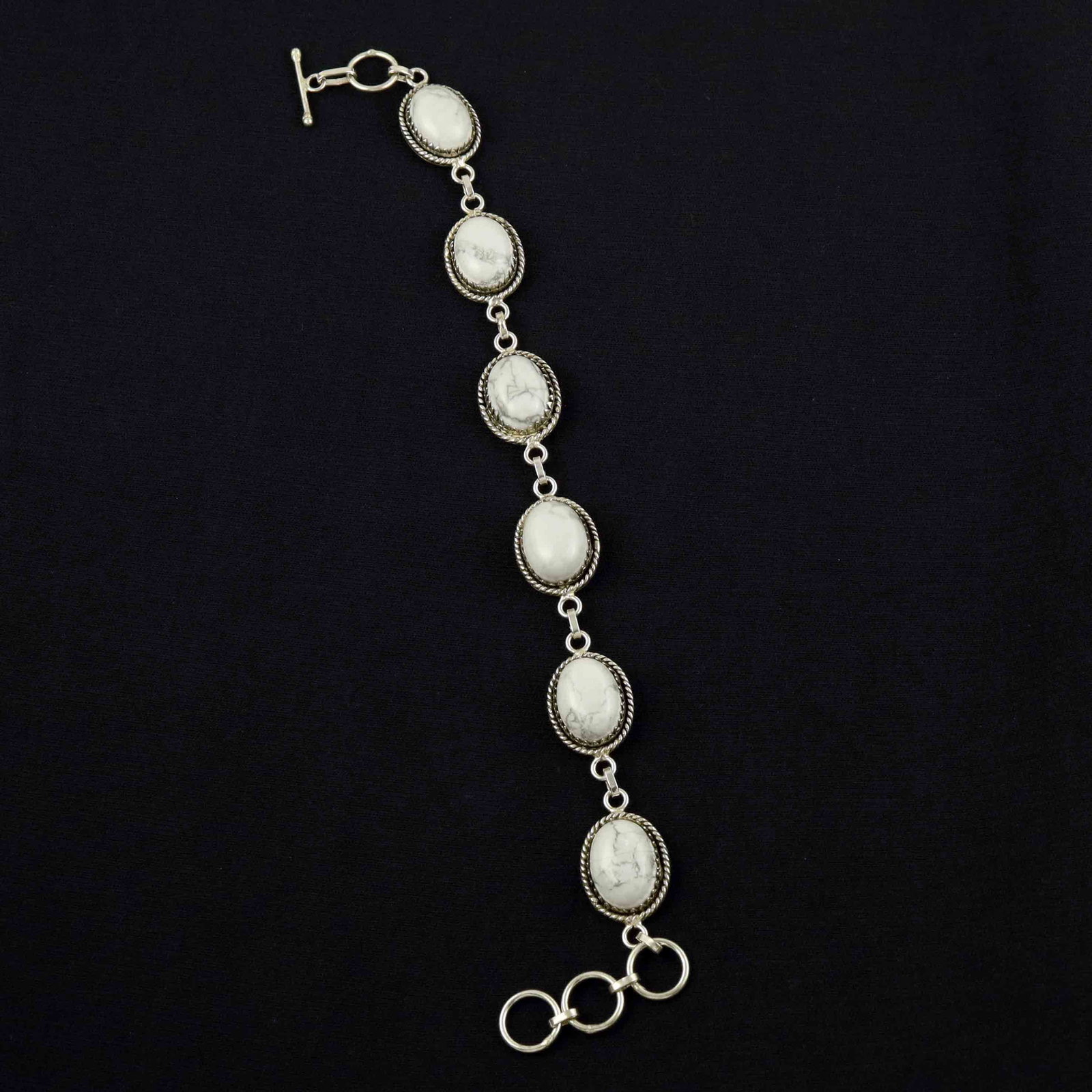 Natural Howlite Sterling Silver Plated Handmade Bracelet: Product ID: 260524115256 Product - Handmade Silver Plated Bracelet Metal - 92.5 Sterling Silver Plated Bracelet Length - 6 Inch + 2 Inch Gemstone - Howlite Gemstone Size -12X16 ( 6 Stone) Gemstone Ori
