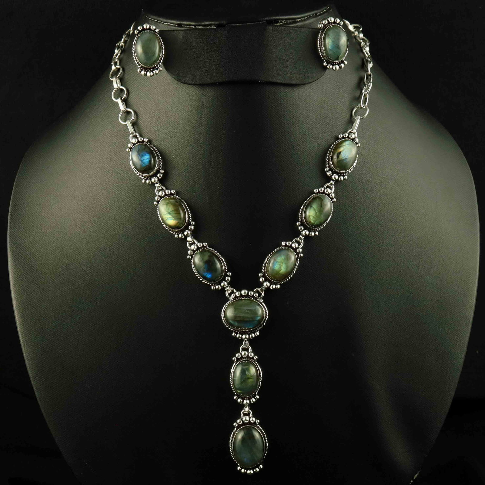 Natural Labradorite Silver Plated Handmade Necklace With Stud Earring: Product ID: 260523153045 Product - Handmade Silver Plated Necklace With Earring Metal - 92.5 Sterling Silver Plated Necklace Length - 18 Inch Gemstone - Labradorite Gemstone Size - 12X16 MM ( 2 Stone)