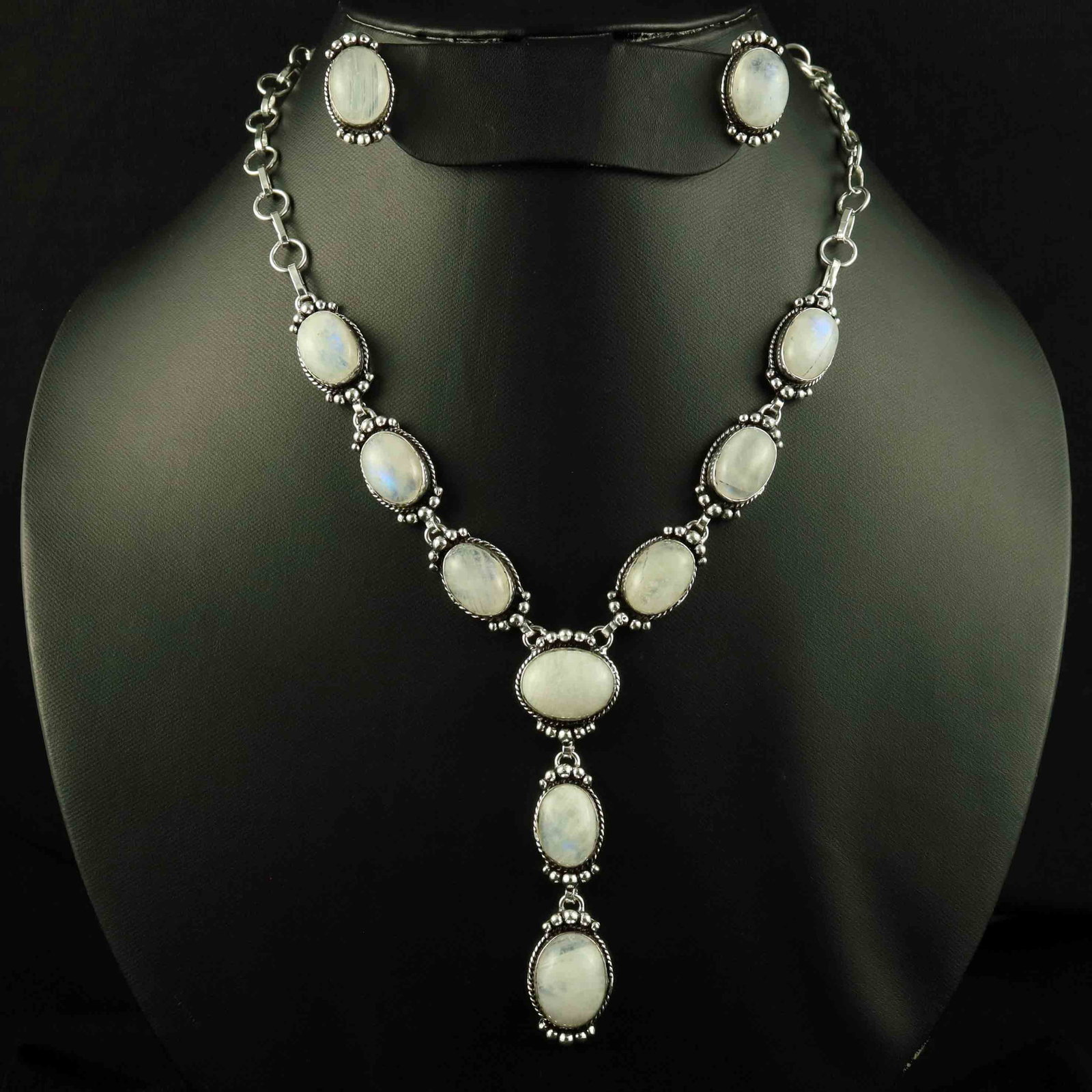 Natural Moonstone Silver Plated Handmade Necklace With Stud Earring: Product ID: 260523150831 Product - Handmade Silver Plated Necklace With Earring Metal - 92.5 Sterling Silver Plated Necklace Length - 18 Inch Gemstone - Rainbow Moonstone Gemstone Size - 12X16 MM ( 2 
