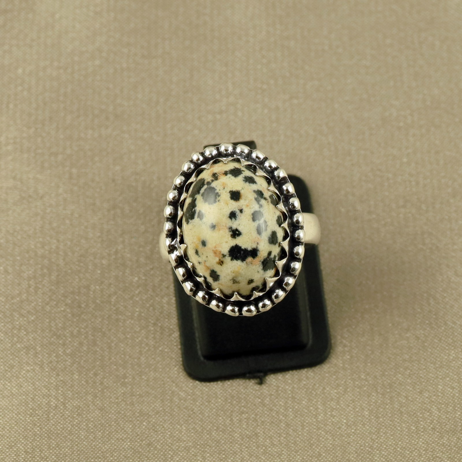 Natural Dalmatian Jasper Sterling Silver Plated Handmade Ring - 7MM: Product ID: 260520132455 Product - Handmade Silver Plated Ring Metal - 92.5 Sterling Silver Plated Ring Size - 7MM Gemstone - Dalmatian Jasper Gemstone Origin - Mexico Gemstone Size - 12X16 MM Gemston