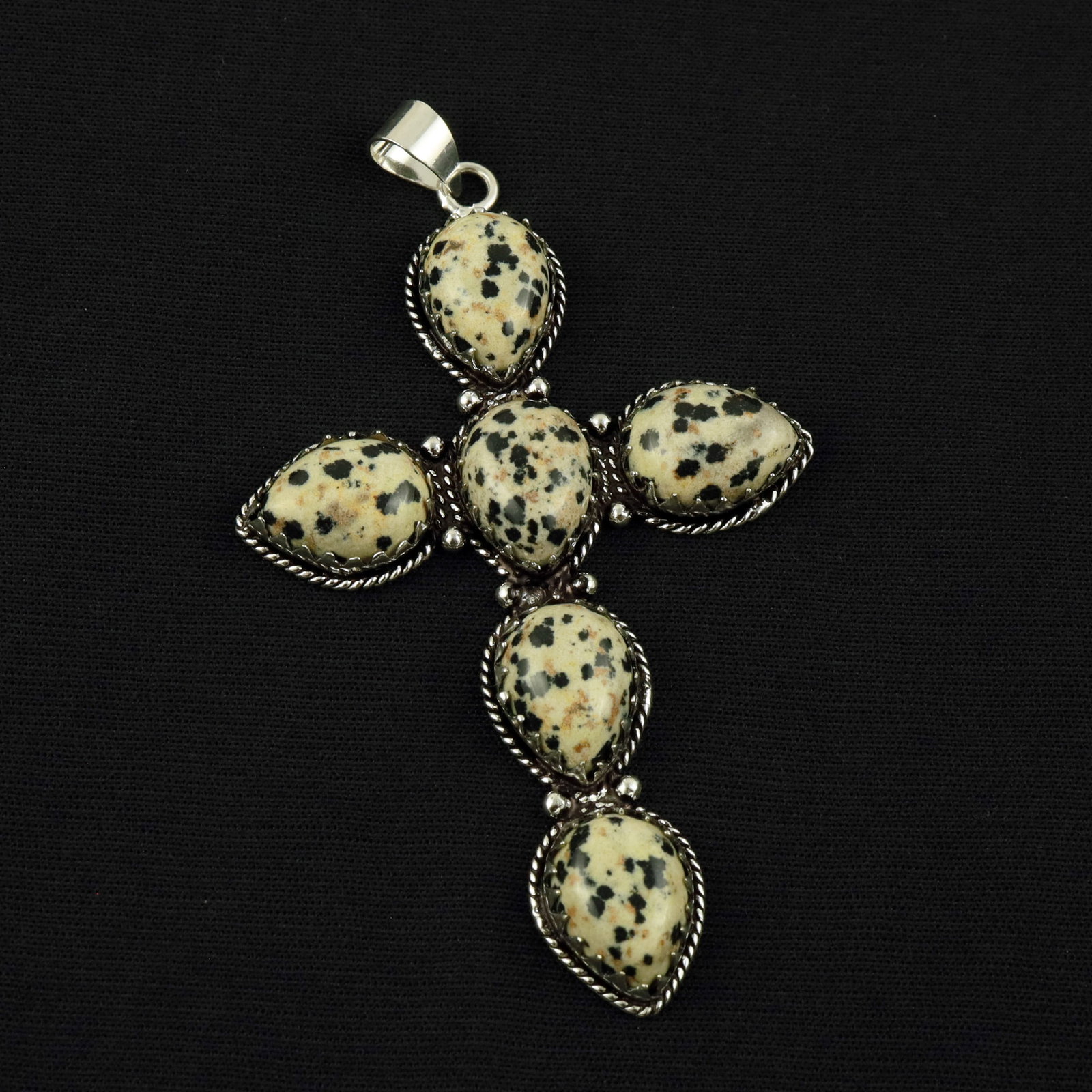 Natural Dalmatian Jasper Sterling Silver Plated Handmade Cross Pendant: Product ID: 260519130632 Product - Handmade Silver Plated Pendant Metal - 92.5 Sterling Silver Plated Pendant Size - 3.5x2 Inch Gemstone - Dalmatian Jasper Gemstone Origin - Mexico Gemstone Size - 12x