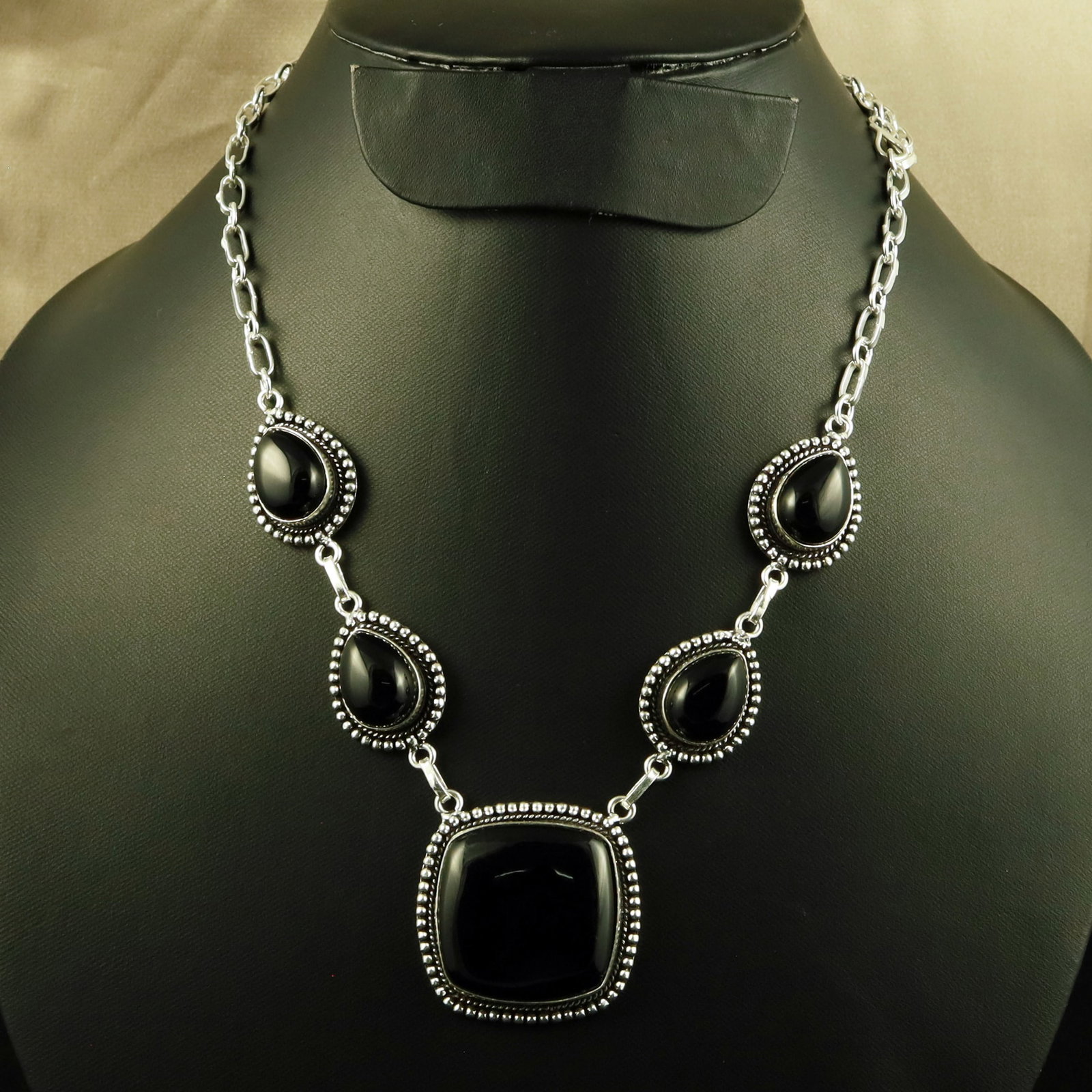 Natural Black Onyx Sterling Silver Plated Handmade Necklace: Product ID: 260701151947 Product - Handmade Silver Plated Necklace Metal - 92.5 Sterling Silver Plated Necklace Length - 18 Inch Gemstone - Black Onyx Gemstone Size - 12X16 MM (4 Stone), 3X3 CM (1 Sto