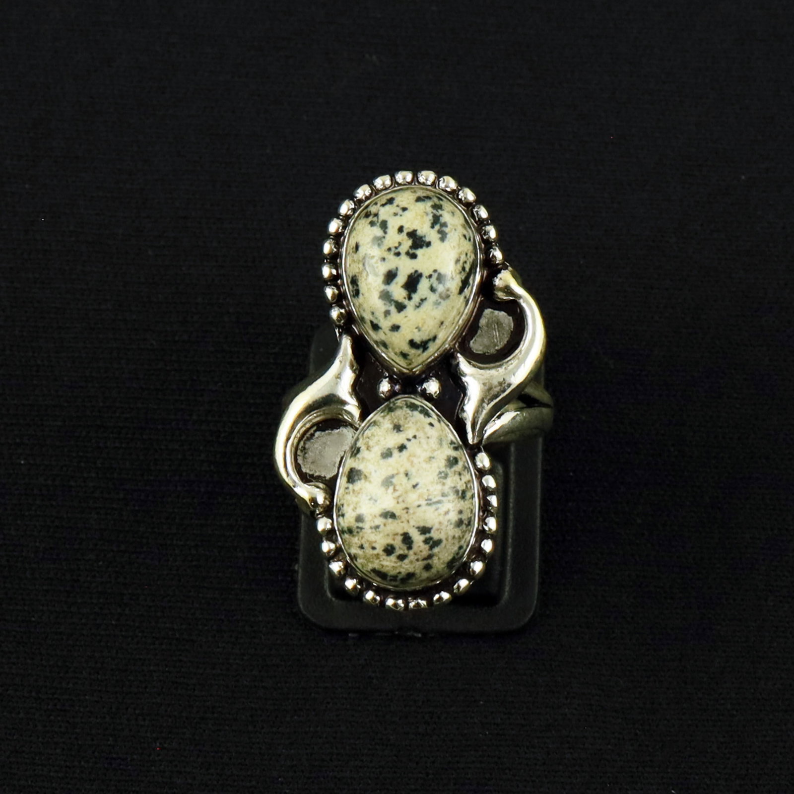 Natural Dalmatian Jasper Sterling Silver Plated Handmade Ring - 8.5MM: Product ID: 260610153437 Product - Handmade Silver Plated Ring Metal - 92.5 Sterling Silver Plated Ring Size - 8.5MM Gemstone - Dalmatian Jasper Gemstone Origin - Mexico Gemstone Size - 10X14 MM ( 2 S