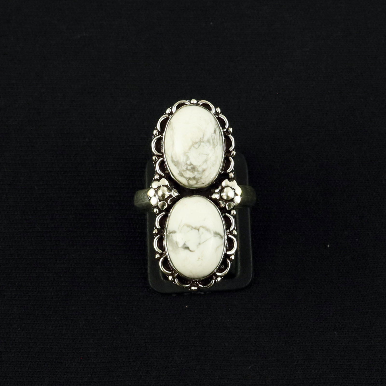 Natural Howlite Sterling Silver Plated Handmade Ring - 9MM: Product ID: 260610145938 Product - Handmade Silver Plated Ring Metal - 92.5 Sterling Silver Plated Ring Size - 9MM Gemstone - Howlite Gemstone Origin - Canada Gemstone Size - 10X14 MM ( 2 Stone ) Gems