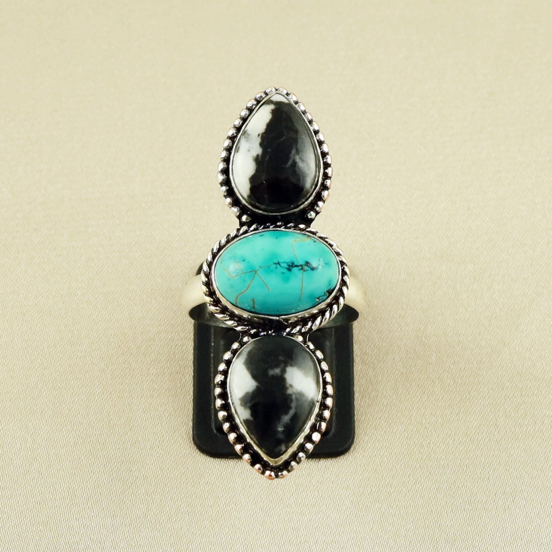 Natural Turquoise & Zebra Jasper Silver Plated Handmade Ring - 9MM: Product ID: 260609123412 Product - Handmade Silver Plated Ring Metal - 92.5 Sterling Silver Plated Ring Size - 9MM Gemstone - Turquoise & Zebra Jasper Gemstone Origin - Tibet / Africa Gemstone Size - 