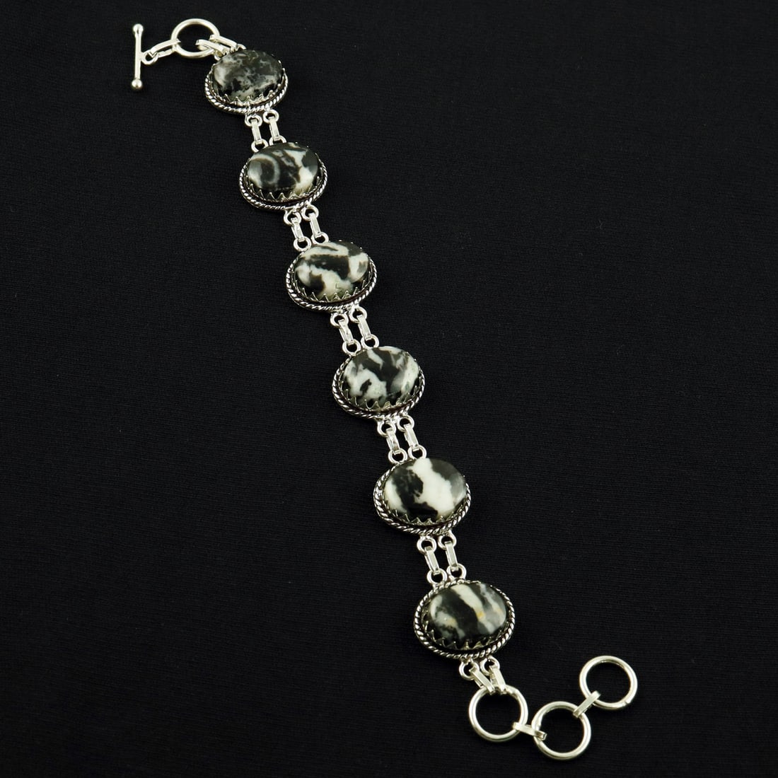 Natural Zebra Jasper Sterling Silver Plated Handmade Bracelet: Product ID: 260608185047 Product - Handmade Silver Plated Bracelet Metal - 92.5 Sterling Silver Plated Bracelet Length - 6 Inch + 2 Inch Gemstone - Zebra Jasper Gemstone Size -12X16 ( 6 Stone) Gemston
