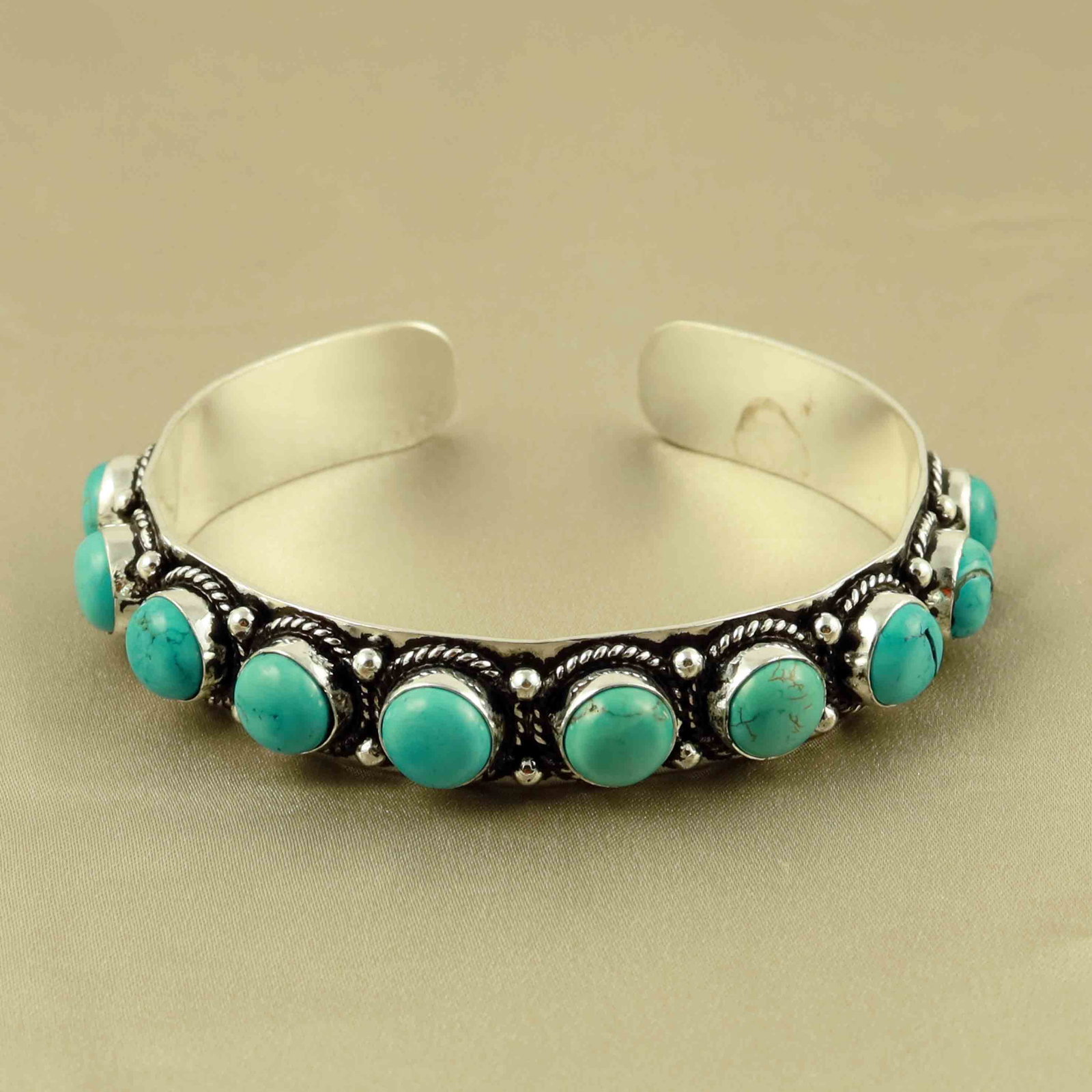 Natural 8MM Turquoise Silver Plated Handmade Cuff Bangle: Product ID: 260607170439 Product - Handmade Silver Plated Cuff Bangle Metal - 92.5 Sterling Silver Plated Bangle Size - 6x5.5 CM (Adjustable) Gemstone - Turquoise Gemstone Origin - Tibet Gemstone Size