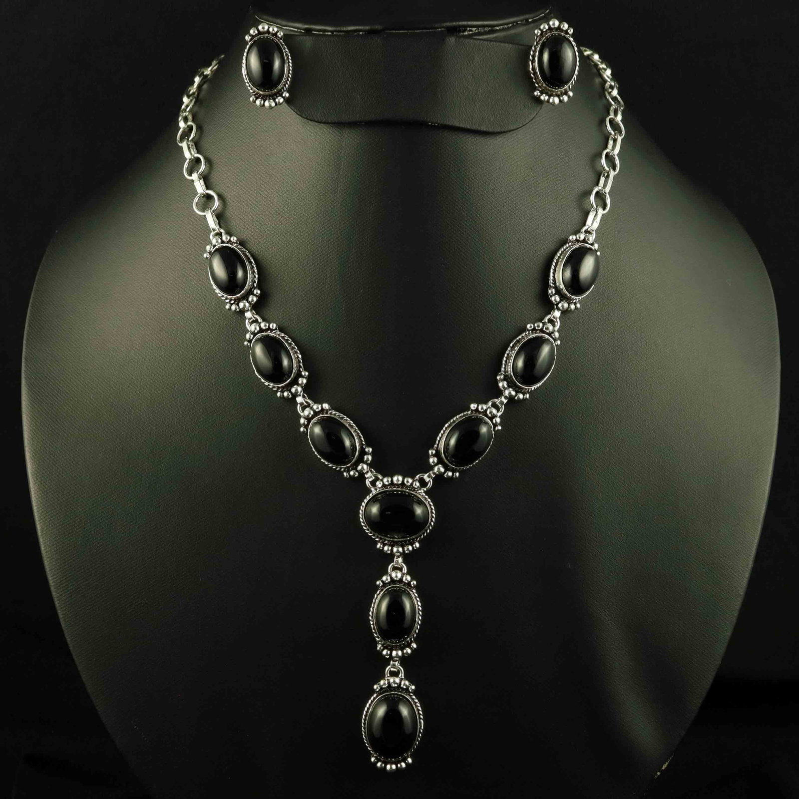 Natural Black Onyx Sterling Silver Plated Handmade Necklace With Stud Earring: Product ID: 260524120742 Product - Handmade Silver Plated Necklace With Earring Metal - 92.5 Sterling Silver Plated Necklace Length - 18 Inch Gemstone - Black Onyx Gemstone Size - 12X16 MM ( 2 Stone),