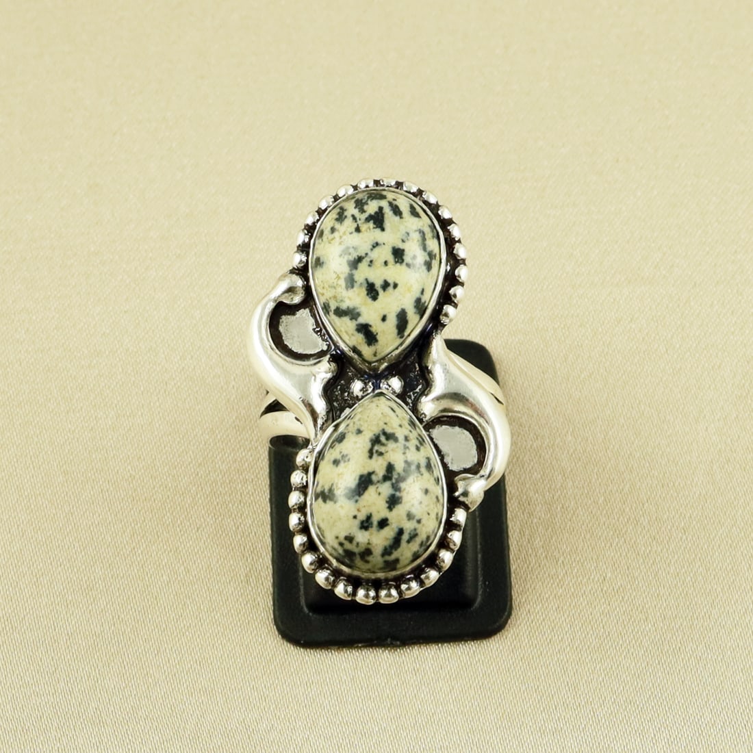 Natural Dalmatian Jasper Sterling Silver Plated Handmade Ring - 6.5MM: Product ID: 260609130805 Product - Handmade Silver Plated Ring Metal - 92.5 Sterling Silver Plated Ring Size - 6.5MM Gemstone - Dalmatian Jasper Gemstone Origin - Mexico Gemstone Size - 10X14 MM ( 2 S