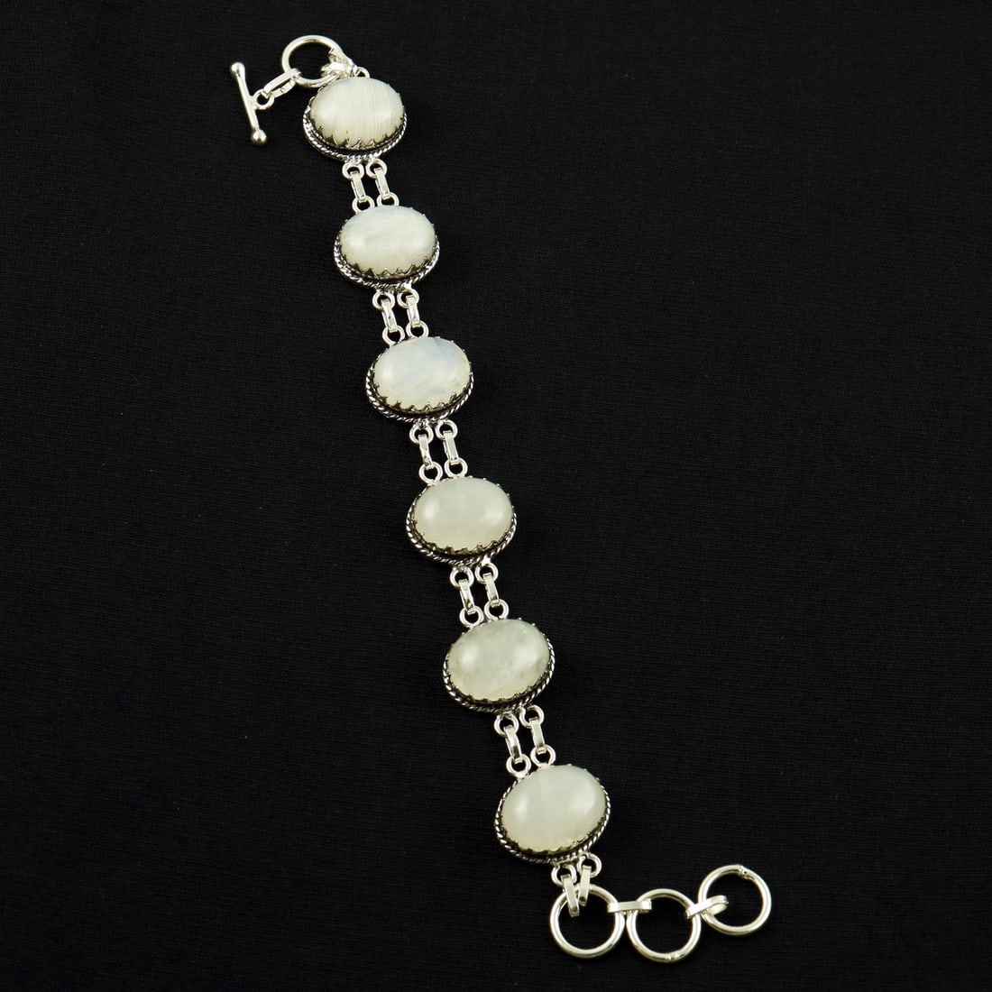 Natural Rainbow Moonstone Sterling Silver Plated Handmade Bracelet: Product ID: 260608191536 Product - Handmade Silver Plated Bracelet Metal - 92.5 Sterling Silver Plated Bracelet Length - 6 Inch + 2 Inch Gemstone - Rainbow Moonstone Gemstone Size -12X16 ( 6 Stone) Ge