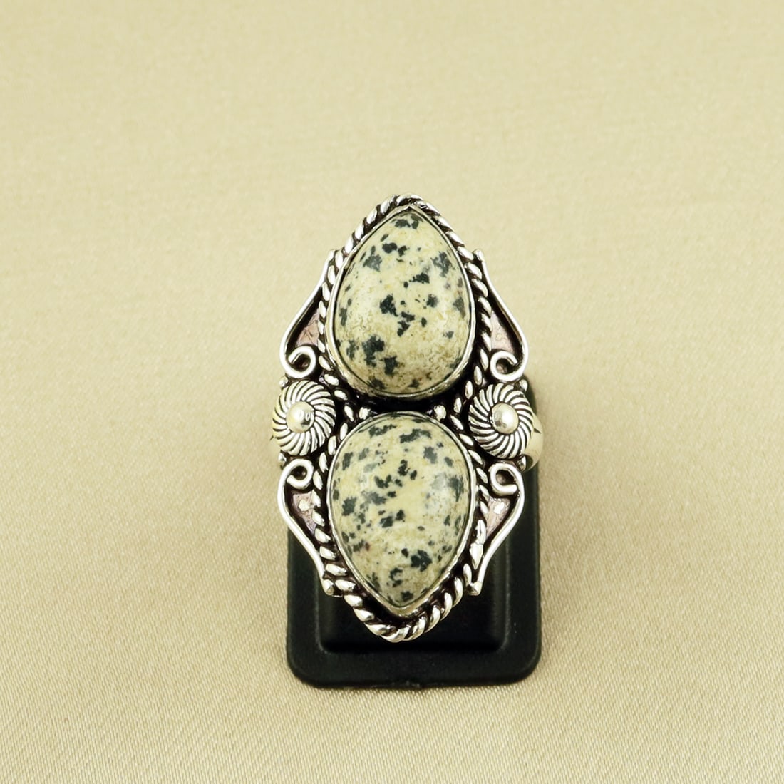 Natural Dalmatian Jasper Sterling Silver Plated Handmade Ring - 7.5MM: Product ID: 260609130459 Product - Handmade Silver Plated Ring Metal - 92.5 Sterling Silver Plated Ring Size - 7.5MM Gemstone - Dalmatian Jasper Gemstone Origin - Mexico Gemstone Size - 10X14 MM ( 2 S
