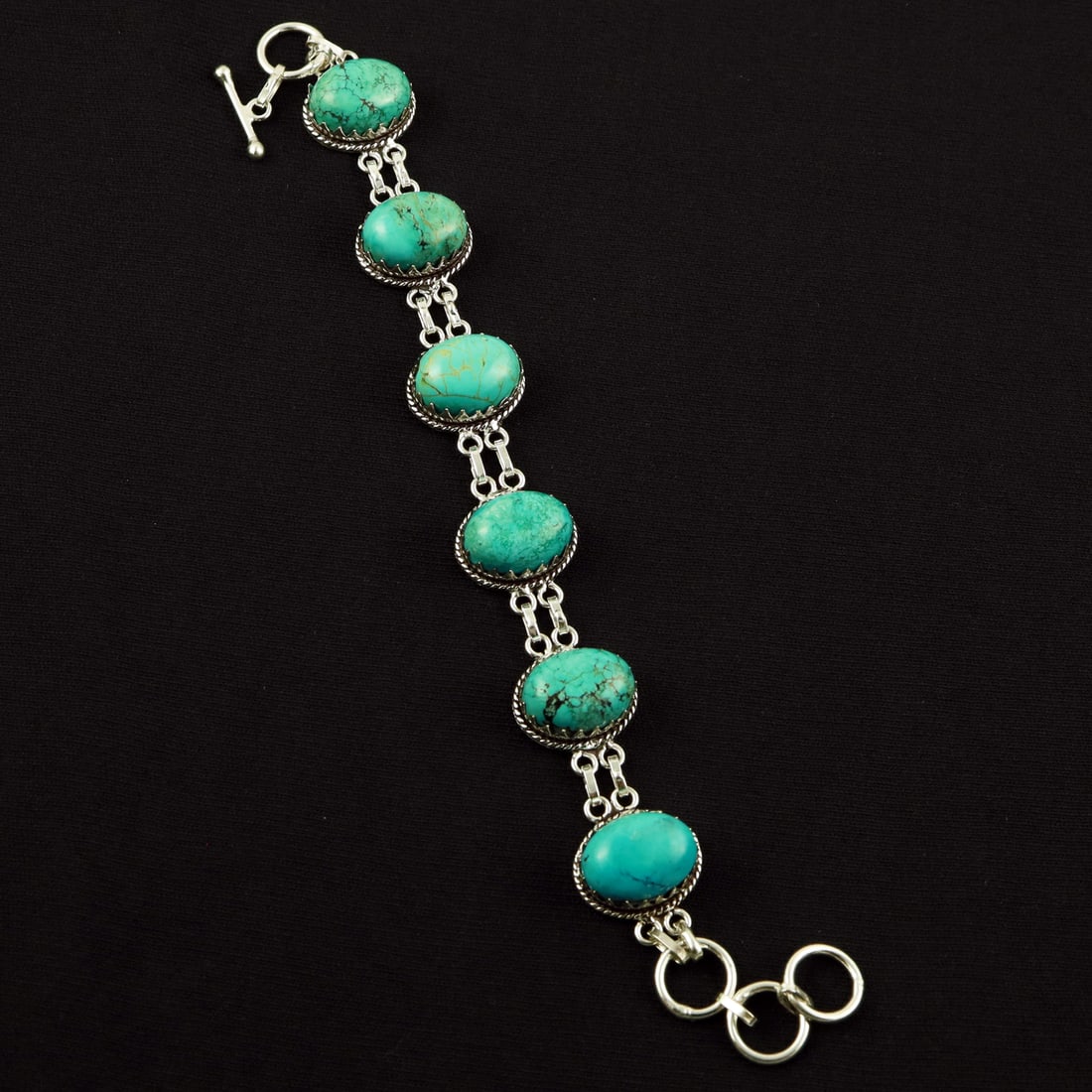 Natural Turquoise Sterling Silver Plated Handmade Bracelet: Product ID: 260608190711 Product - Handmade Silver Plated Bracelet Metal - 92.5 Sterling Silver Plated Bracelet Length - 6 Inch + 2 Inch Gemstone - Turquoise Gemstone Size -12X16 ( 6 Stone) Gemstone O