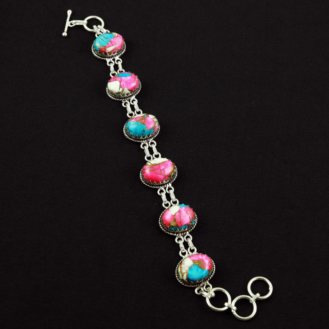 Natural Cotton Candy Sterling Silver Plated Handmade Bracelet: Product ID: 260608185506 Product - Handmade Silver Plated Bracelet Metal - 92.5 Sterling Silver Plated Bracelet Length - 6 Inch + 2 Inch Gemstone - Cotton Candy Gemstone Size -12X16 ( 6 Stone) Gemston