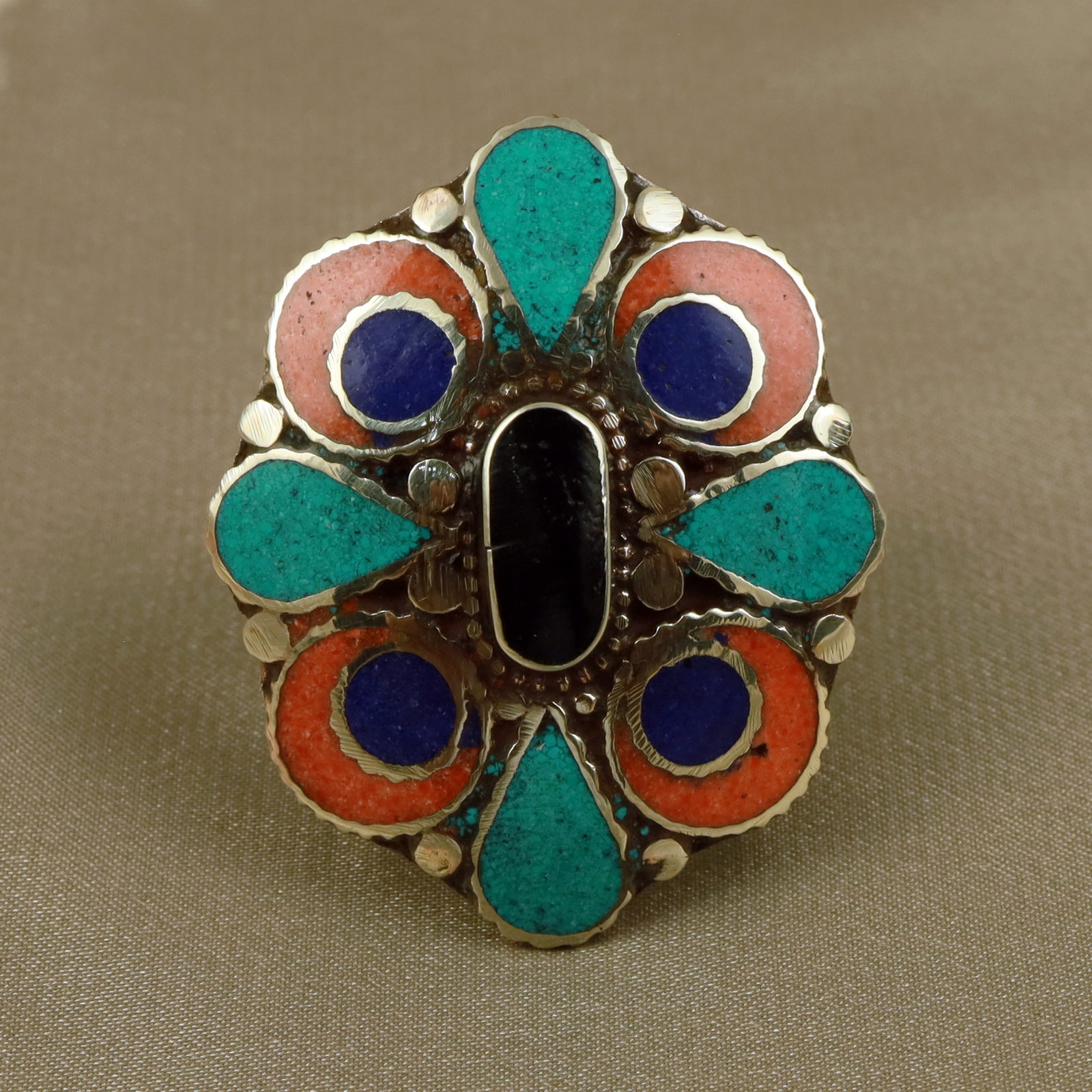 Tibetan Turquoise, Coral & Lapis Handmade Ring - Free Size: Product ID: 260512153333 Product - Tibetan Handmade Ethnic Ring Ring Size - Free Size Ring Weight - 17 Gram Gemstone - Turquoise & Black Onyx & Coral & Lapis Origin - Nepal Country/Region of Manufactu