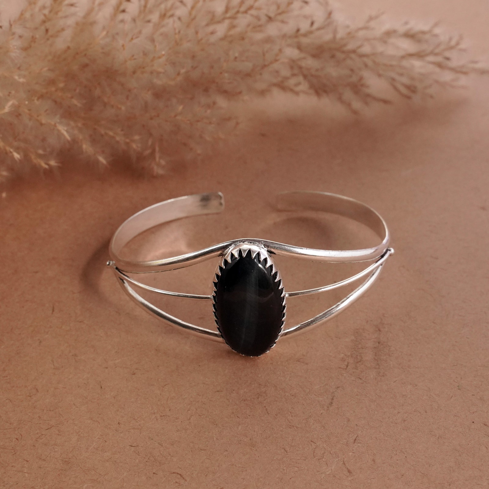 Natural Black Tiger Sterling Silver Plated Handmade Cuff Bangle: Product ID: 260510135753 Product - Handmade Silver Plated Cuff Bangle Metal - 92.5 Sterling Silver Plated Bangle Size - 7x5.5 CM (Adjustable) Gemstone - Black Tiger Gemstone Origin - Africa Gemstone S