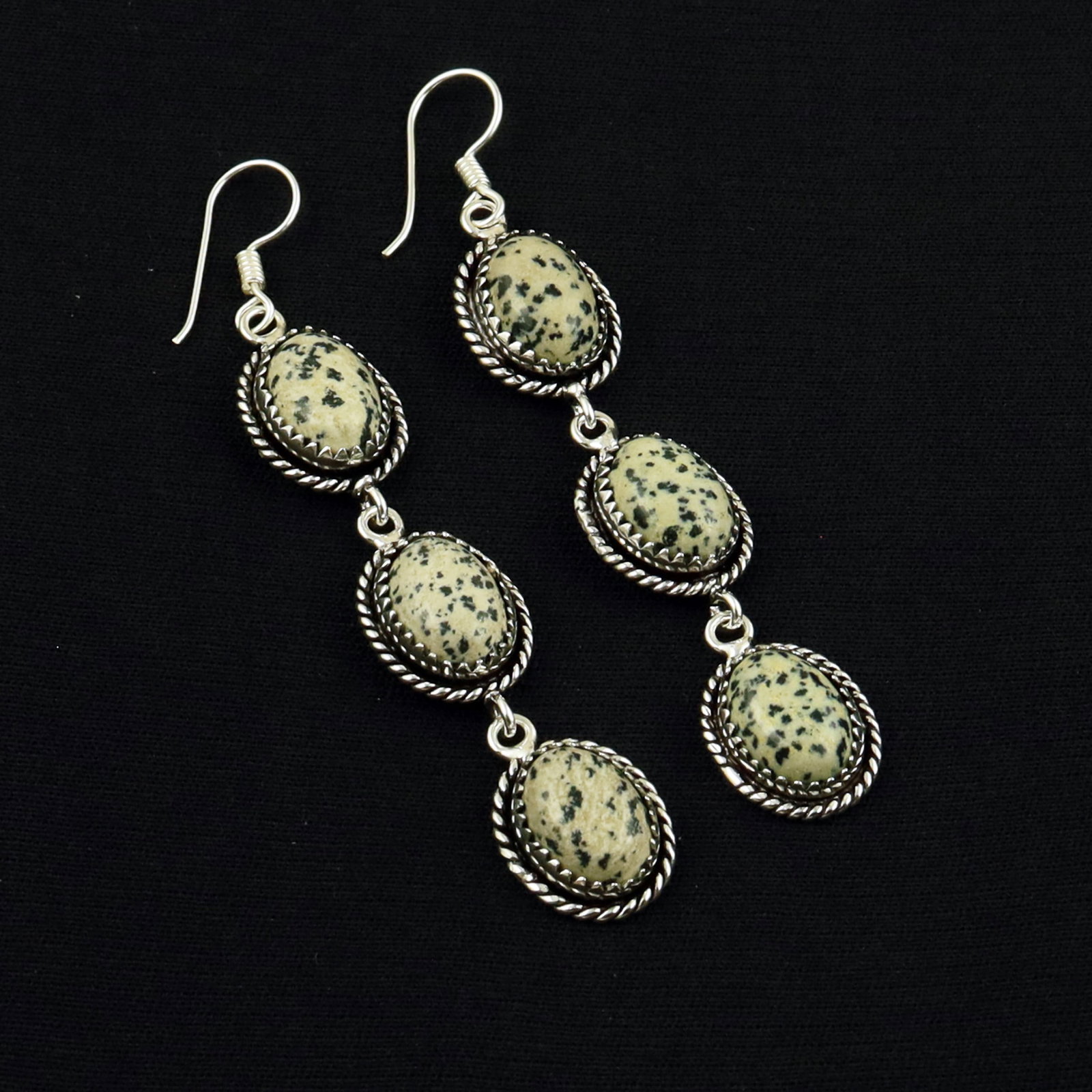 Natural Dalmatian Jasper Sterling Silver Plated Handmade Stud Earring: Product ID: 260702145855 Product - Handmade Silver Plated Stud Earring Metal - 92.5 Sterling Silver Plated Earring Type - Stud Gemstone - Dalmatian Jasper Gemstone Origin - Mexico Gemstone Size - 10X1