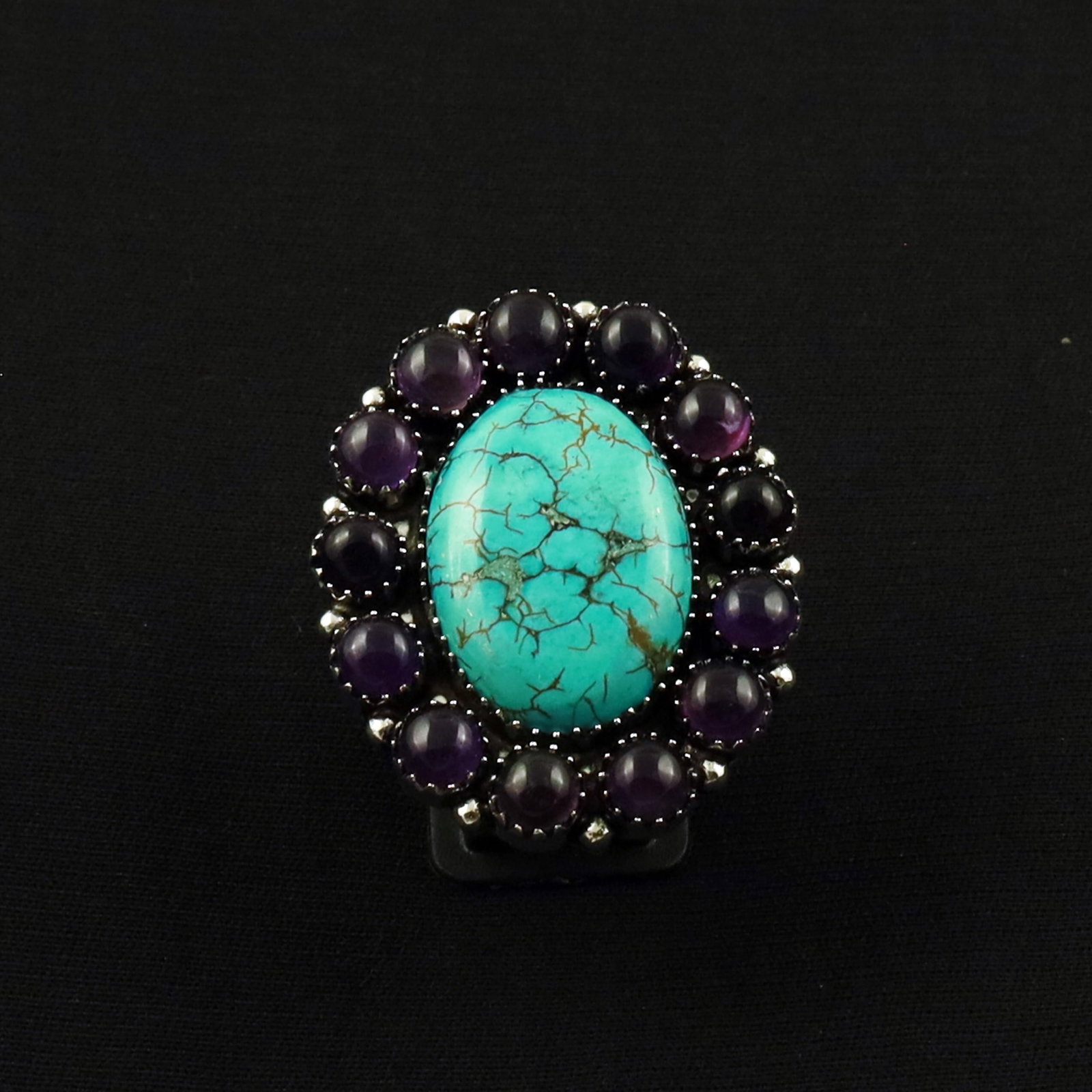 Natural Turquoise & Amethyst Sterling Silver Plated Handmade Ring - 9.5MM: Product ID: 260702120340 Product - Handmade Silver Plated Ring Metal - 92.5 Sterling Silver Plated Ring Size - 9.5MM Gemstone -Turquoise & Amethyst Gemstone Origin - Tibet & Brazil Gemstone Size - 2.5