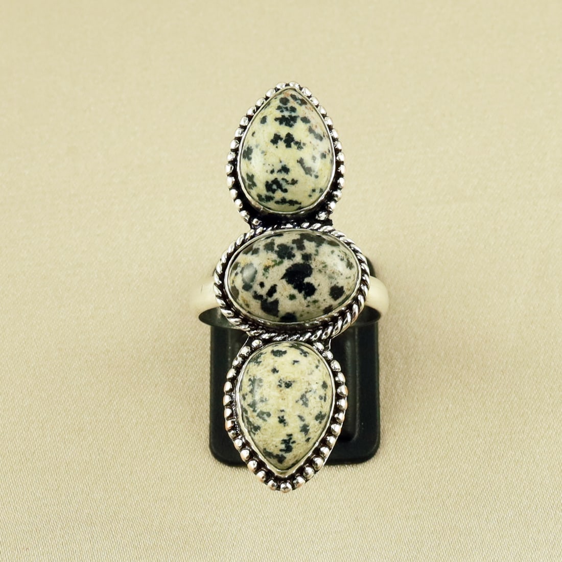 Natural Dalmatian Jasper Sterling Silver Plated Handmade Ring - 9.5MM: Product ID: 260609130900 Product - Handmade Silver Plated Ring Metal - 92.5 Sterling Silver Plated Ring Size - 9.5MM Gemstone - Dalmatian Jasper Gemstone Origin - Mexico Gemstone Size - 10X14 MM ( 3 S
