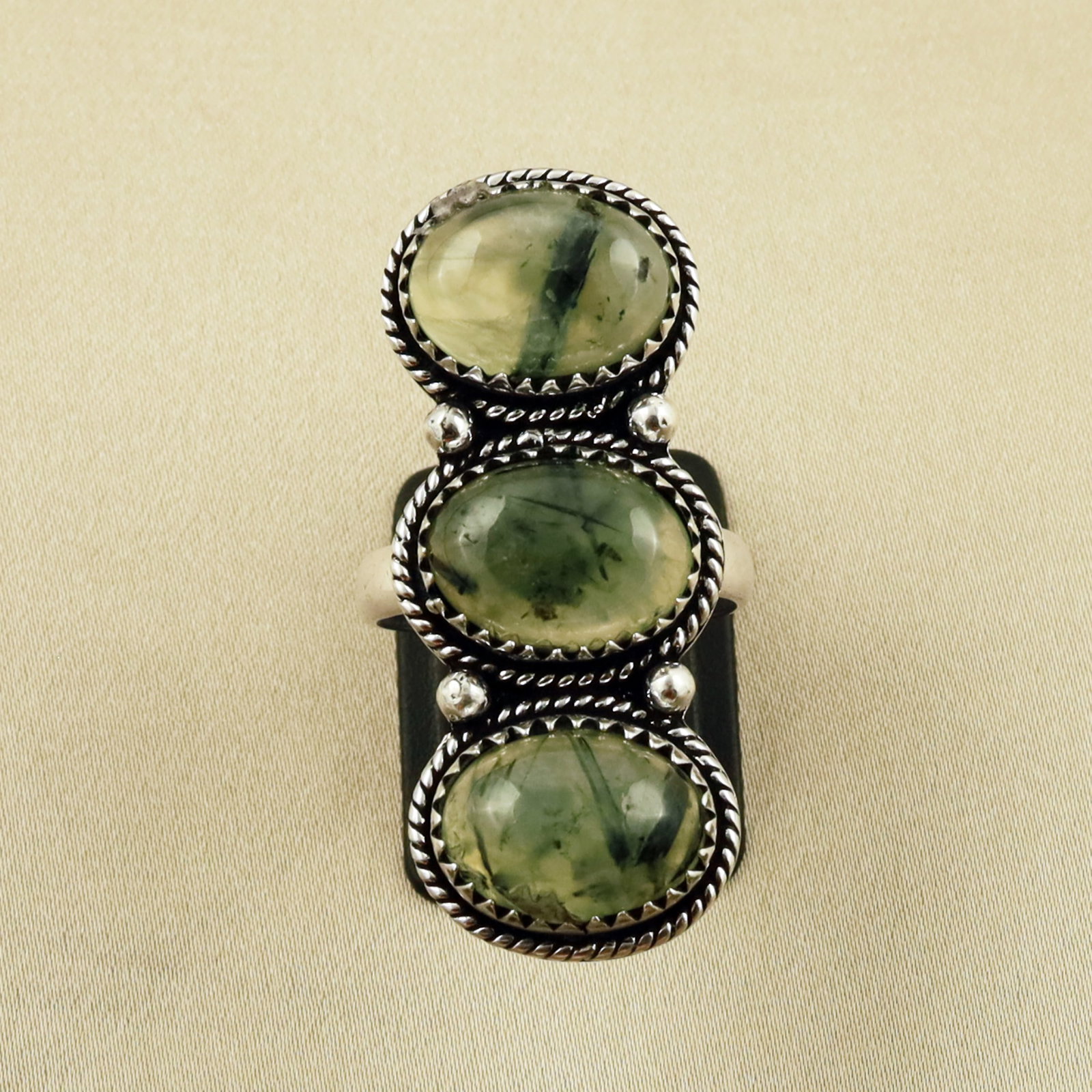 Natural Prehnite Sterling Silver Plated Handmade Ring - 9.5MM: Product ID: 260703130238 Product - Handmade Silver Plated Ring Metal - 92.5 Sterling Silver Plated Ring Size - 9.5MM Gemstone - Prehnite Gemstone Origin - South Africa Gemstone Size - 10X14 MM ( 3 Sto