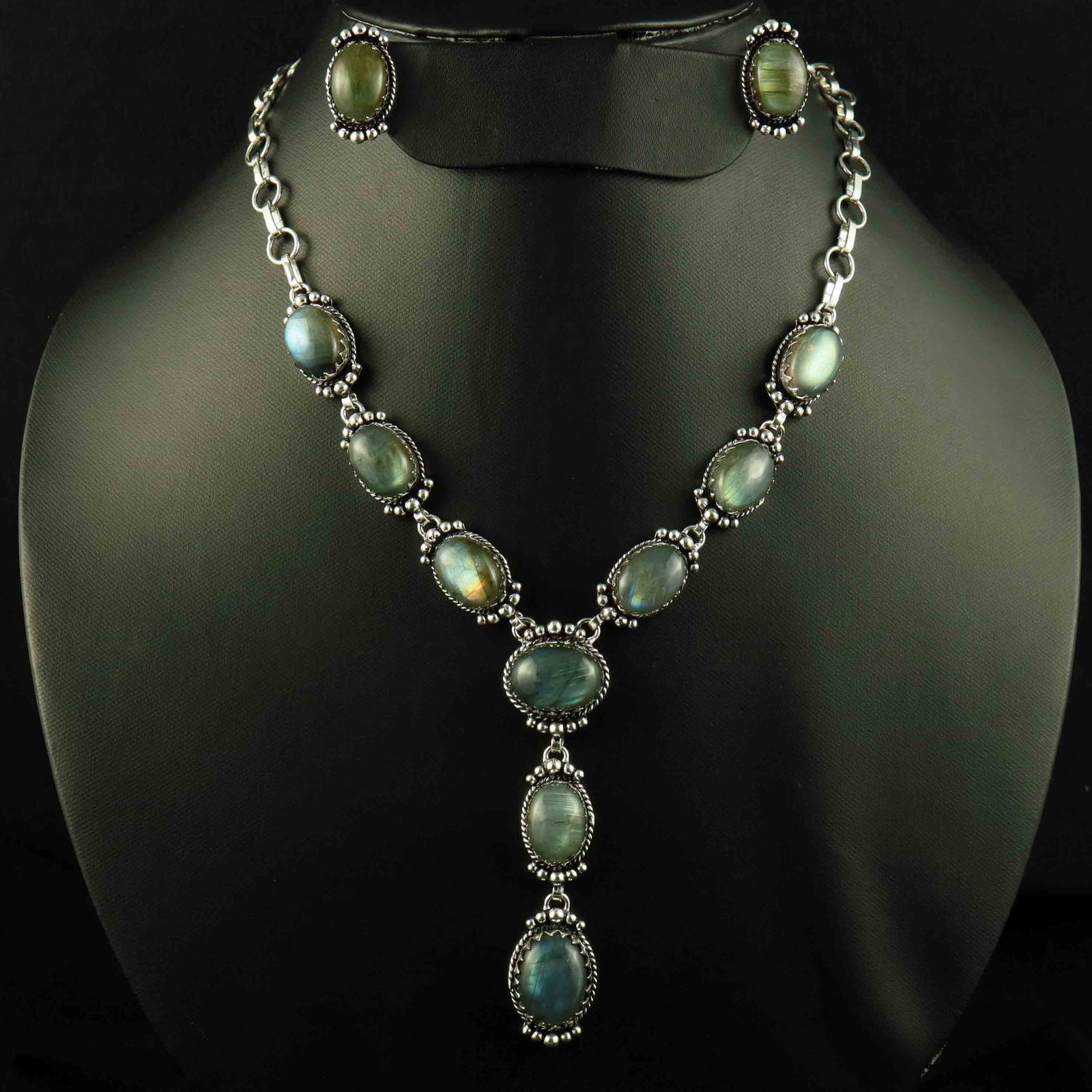 Natural Labradorite Sterling Silver Plated Handmade Necklace With Stud Earring: Product ID: 260523150859 Product - Handmade Silver Plated Necklace With Earring Metal - 92.5 Sterling Silver Plated Necklace Length - 18 Inch Gemstone - Labradorite Gemstone Size - 12X16 MM ( 2 Stone)