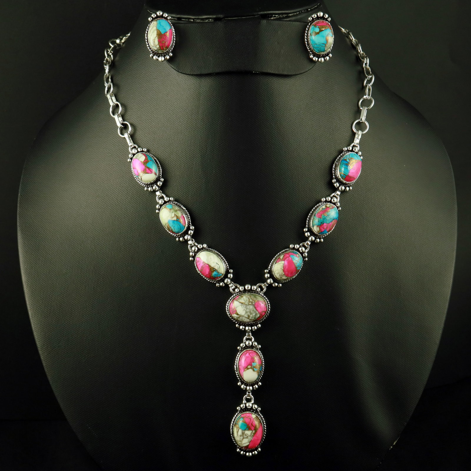 Natural Cotton Candy Sterling Silver Plated Handmade Necklace With Stud Earring: Product ID: 260521165415 Product - Handmade Silver Plated Necklace With Earring Metal - 92.5 Sterling Silver Plated Necklace Length - 18 Inch Gemstone - Cotton Candy Gemstone Size - 12X16 MM ( 2 Stone