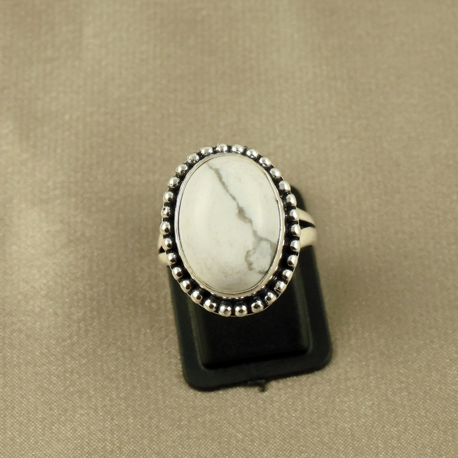 Natural Howlite Sterling Silver Plated Handmade Ring - 6.5MM: Product ID: 260520133037 Product - Handmade Silver Plated Ring Metal - 92.5 Sterling Silver Plated Ring Size - 6.5MM Gemstone - White Howlite Gemstone Origin - Canada Gemstone Size - 12X16 MM Gemstone