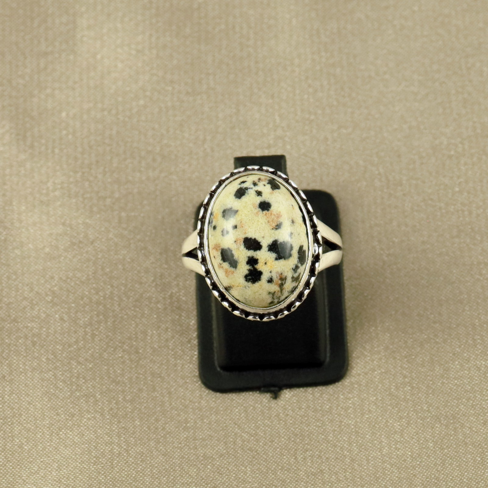 Natural Dalmatian Jasper Sterling Silver Plated Handmade Ring - 7MM: Product ID: 260520132325 Product - Handmade Silver Plated Ring Metal - 92.5 Sterling Silver Plated Ring Size - 7MM Gemstone - Dalmatian Jasper Gemstone Origin - Mexico Gemstone Size - 12X16 MM Gemston