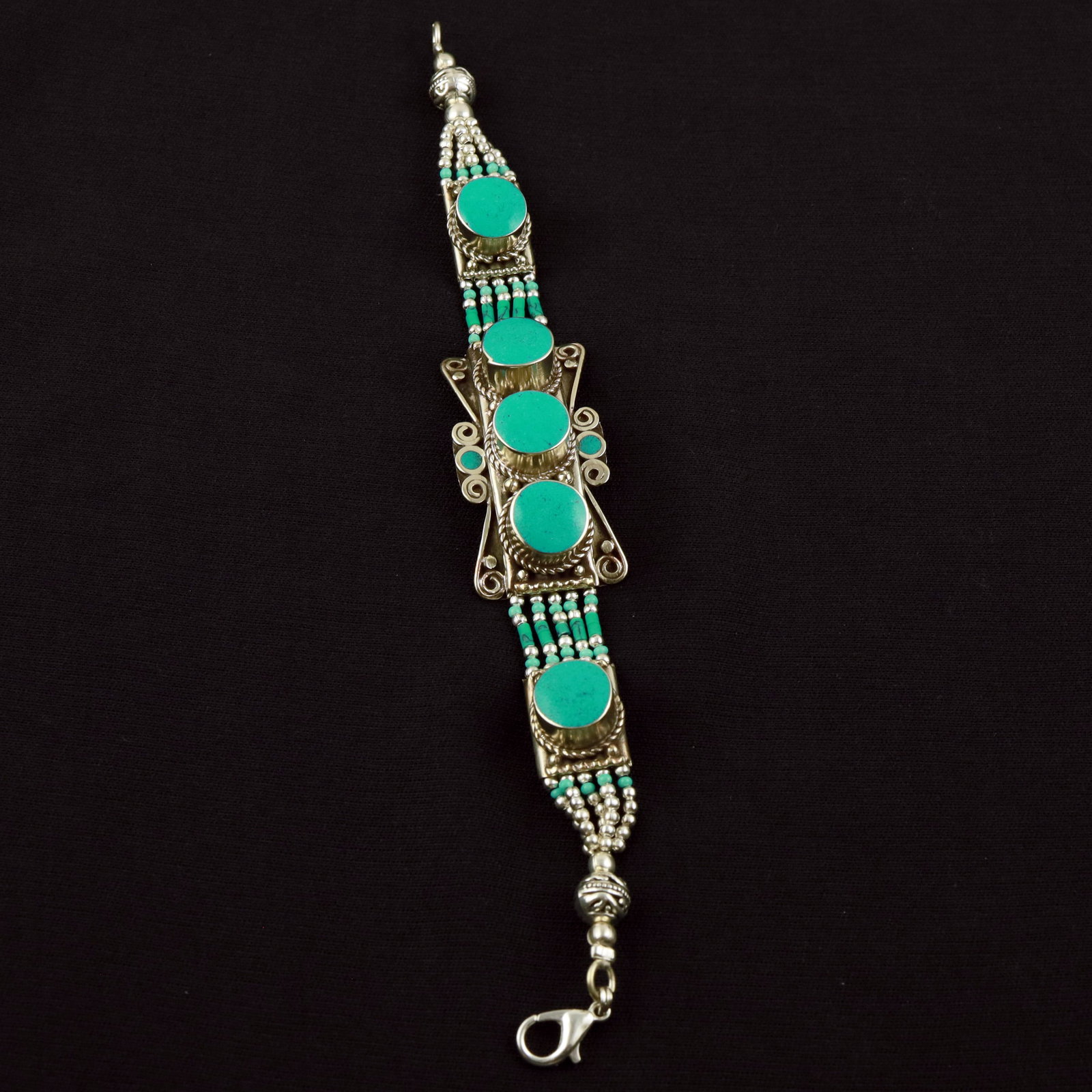 Tibetan Natural Turquoise Handmade Hippie Bracelet: Product ID: 260520113952 Product - Tibetan Handmade Ethnic Bracelet Gemstone - Natural Turquoise Size - 7 Inch Weight - 50 Gram Approx Metal - Brass & Copper mix Metal Origin - Nepal Country/Region of