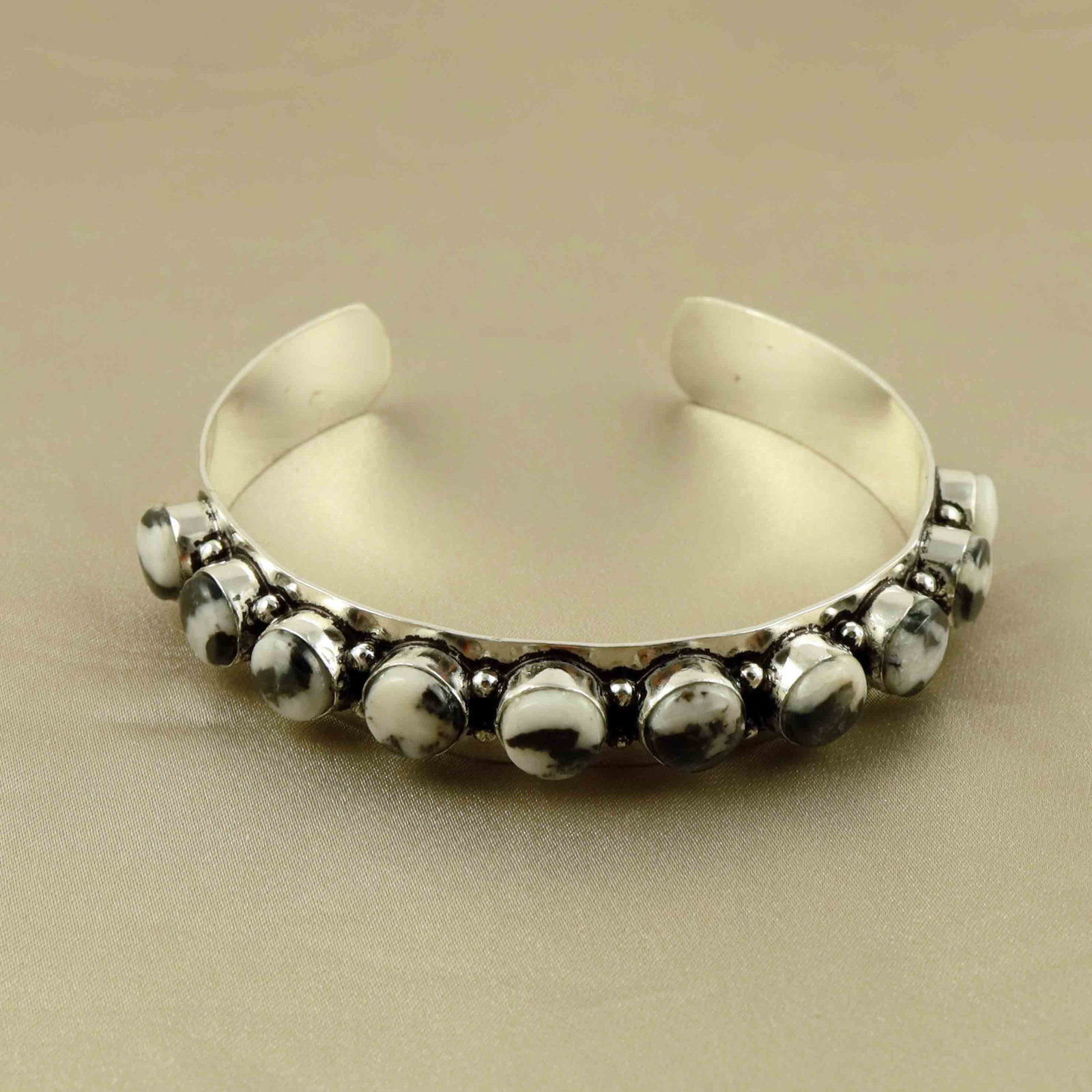 Natural Zebra Jasper Sterling Silver Plated Handmade Cuff Bangle: Product ID: 260607183454 Product - Handmade Silver Plated Cuff Bangle Metal - 92.5 Sterling Silver Plated Bangle Size - 6.5x5.5 CM (Adjustable) Gemstone - Zebra Jasper Gemstone Origin - Africa Gemston