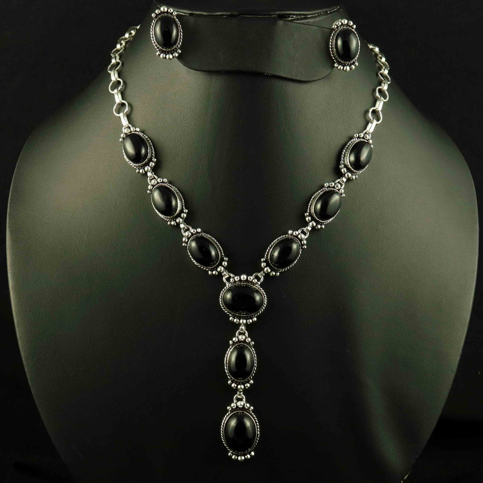 Natural Black Onyx Sterling Silver Plated Handmade Necklace With Stud Earring: Product ID: 260524120447 Product - Handmade Silver Plated Necklace With Earring Metal - 92.5 Sterling Silver Plated Necklace Length - 18 Inch Gemstone - Black Onyx Gemstone Size - 12X16 MM ( 2 Stone),