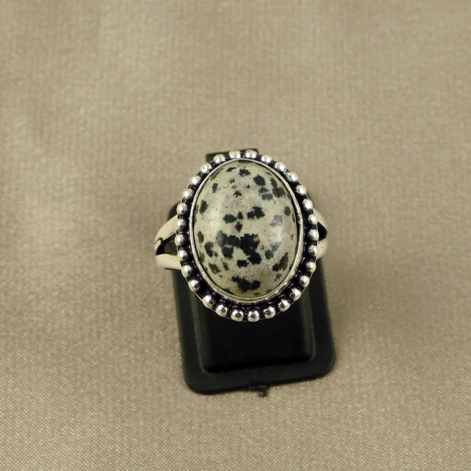Natural Dalmatian Jasper Sterling Silver Plated Handmade Ring - 8.5MM: Product ID: 260520132146 Product - Handmade Silver Plated Ring Metal - 92.5 Sterling Silver Plated Ring Size - 8.5MM Gemstone - Dalmatian Jasper Gemstone Origin - Mexico Gemstone Size - 12X16 MM Gemst