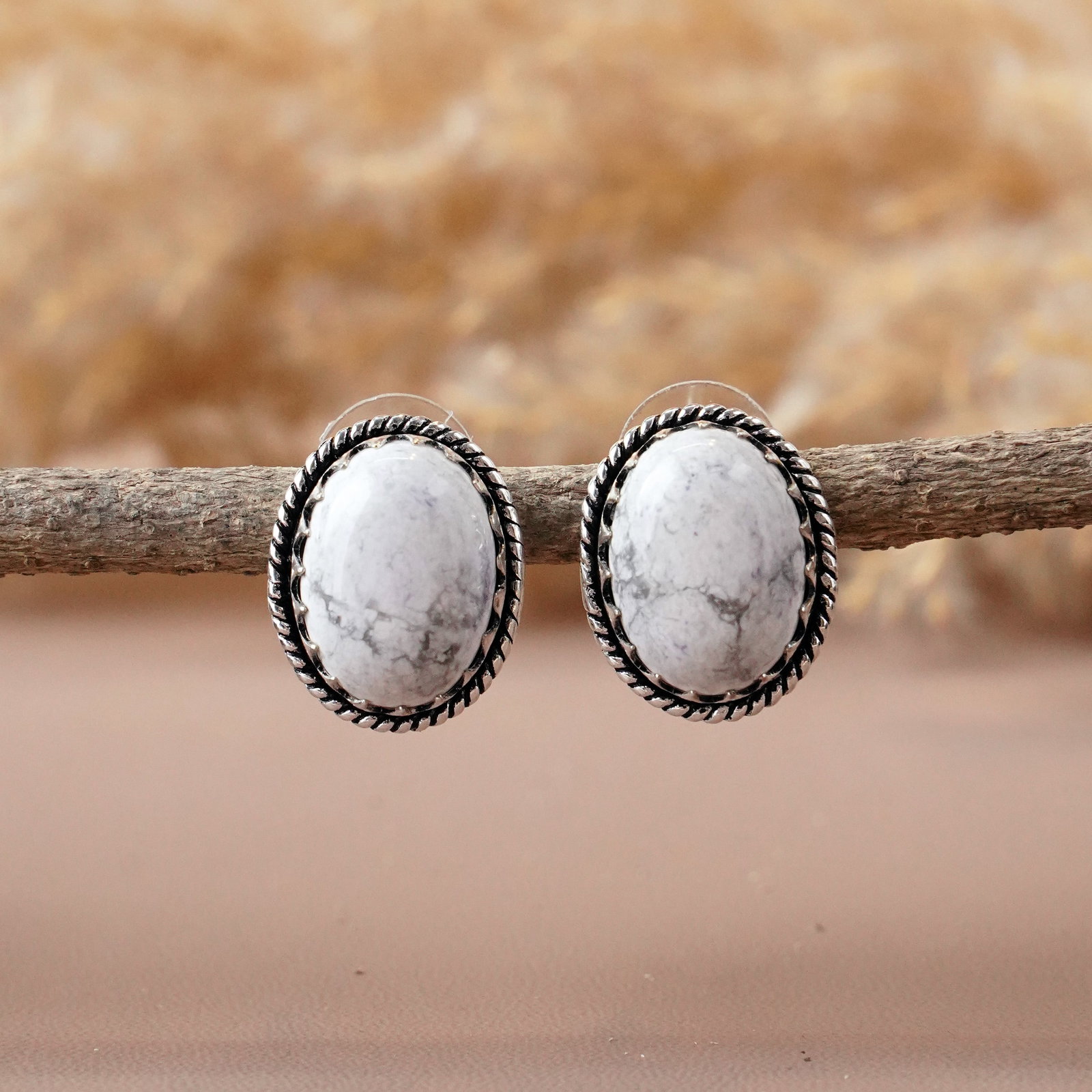 Natural Howlite Sterling Silver Plated Handmade Stud Earring: Product ID: 260512144928 Product - Handmade Silver Plated Stud Earring Metal - 92.5 Sterling Silver Plated Earring Type - Stud Gemstone - Howlite Gemstone Origin - Canada Gemstone Size - 12X16 MM ( 2 