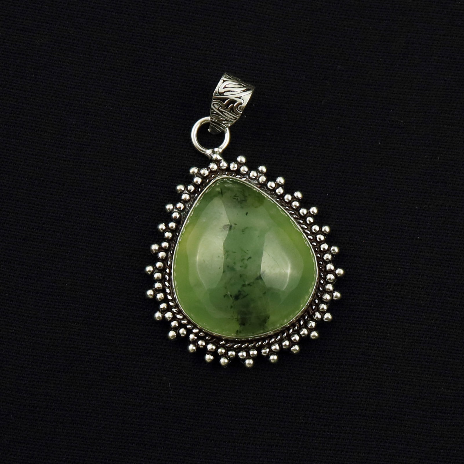 Natural Prehnite Sterling Silver Plated Handmade Pendant: Product ID: 260704121436 Product - Handmade Silver Plated Pendant Metal - 92.5 Sterling Silver Plated Pendant Size - 3.5x3 CM Gemstone - Prehnite Gemstone Origin - South Africa Gemstone Size - 2.5x2 C