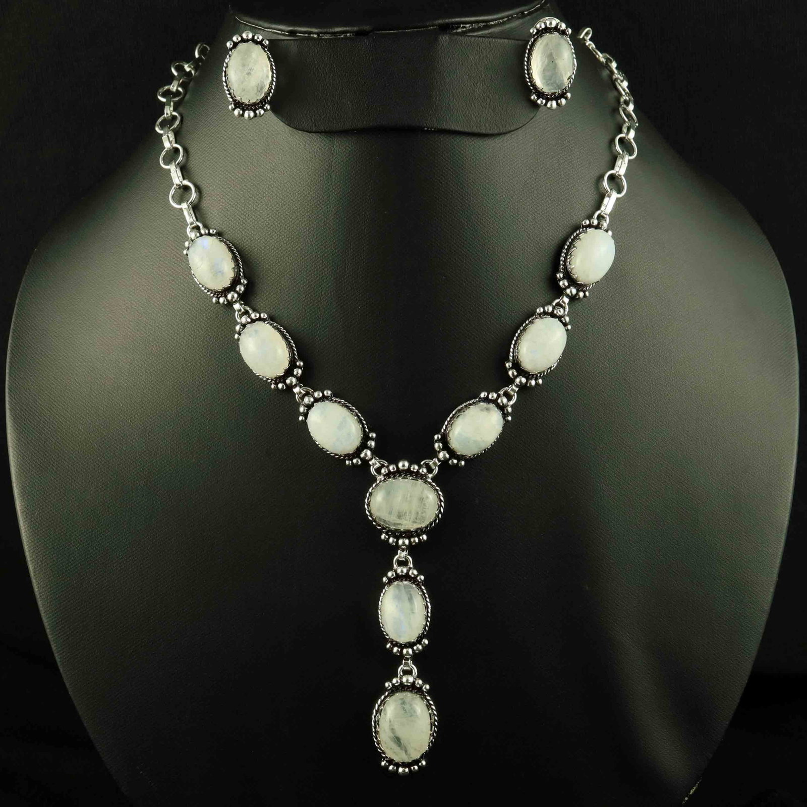 Natural Rainbow Moonstone Silver Plated Handmade Necklace With Stud Earring: Product ID: 260523150616 Product - Handmade Silver Plated Necklace With Earring Metal - 92.5 Sterling Silver Plated Necklace Length - 18 Inch Gemstone - Rainbow Moonstone Gemstone Size - 12X16 MM ( 2 