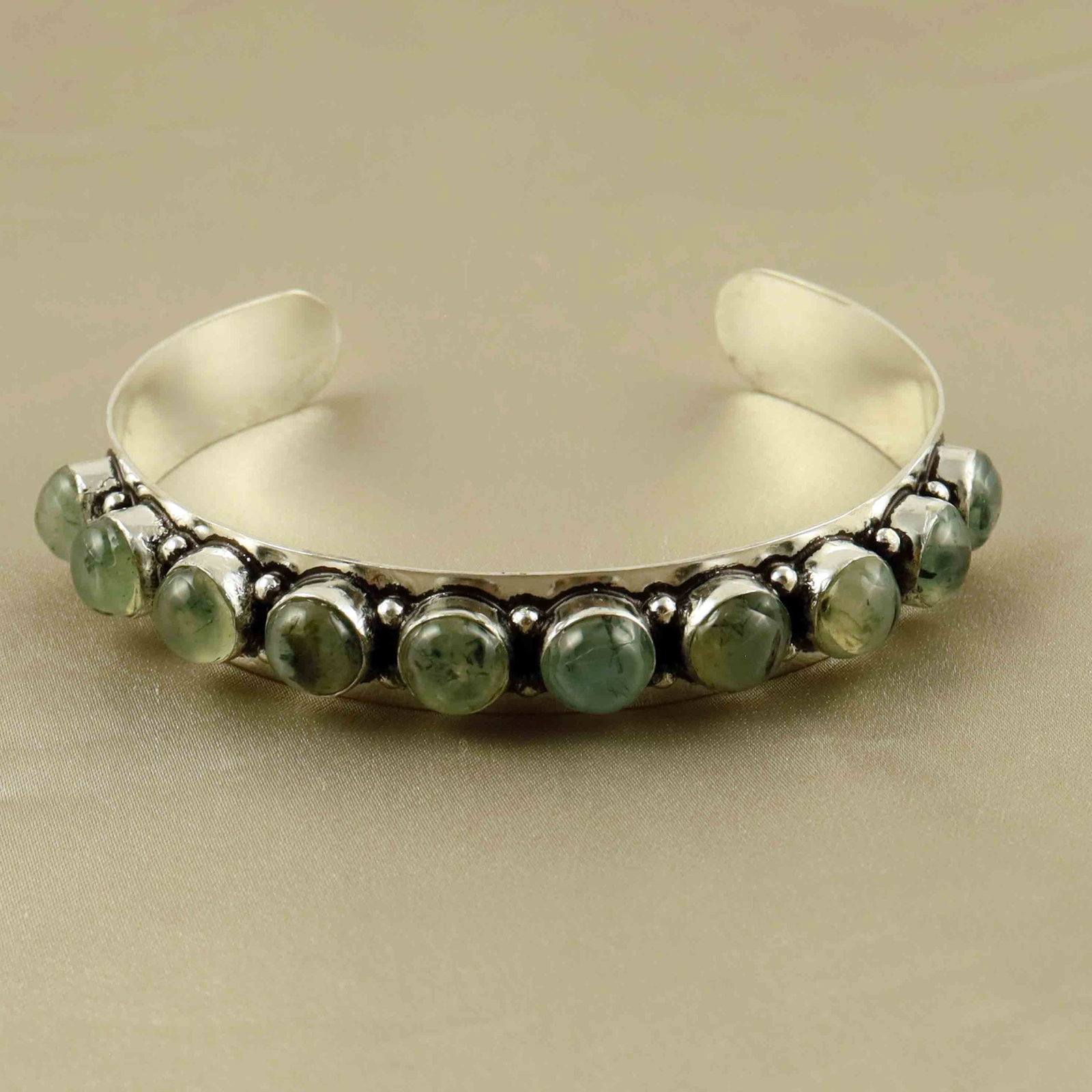 Natural 8MM Prehnite Sterling Silver Plated Handmade Cuff Bangle: Product ID: 260607181817 Product - Handmade Silver Plated Cuff Bangle Metal - 92.5 Sterling Silver Plated Bangle Size - 6.5x5.5 CM (Adjustable) Gemstone - Prehnite Gemstone Origin - South Africa Gemst