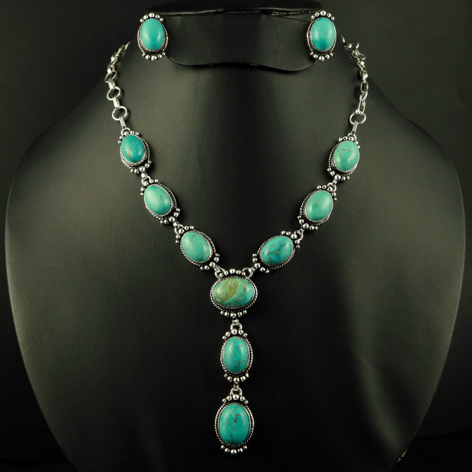 Natural Turquoise Sterling Silver Plated Handmade Necklace With Stud Earring: Product ID: 260521163749 Product - Handmade Silver Plated Necklace With Earring Metal - 92.5 Sterling Silver Plated Necklace Length - 18 Inch Gemstone - Turquoise Gemstone Size - 12X16 MM ( 2 Stone), 