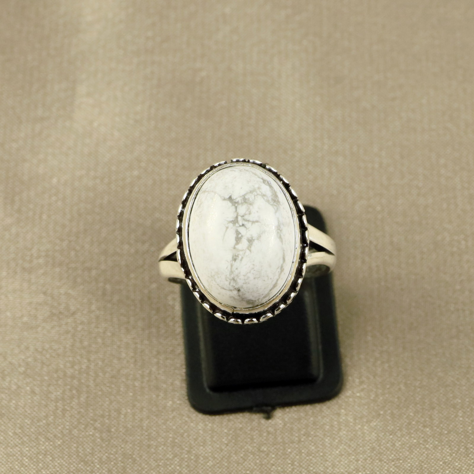 Natural Howlite Sterling Silver Plated Handmade Ring - 8.5MM: Product ID: 260520132827 Product - Handmade Silver Plated Ring Metal - 92.5 Sterling Silver Plated Ring Size - 8.5MM Gemstone - White Howlite Gemstone Origin - Canada Gemstone Size - 12X16 MM Gemstone