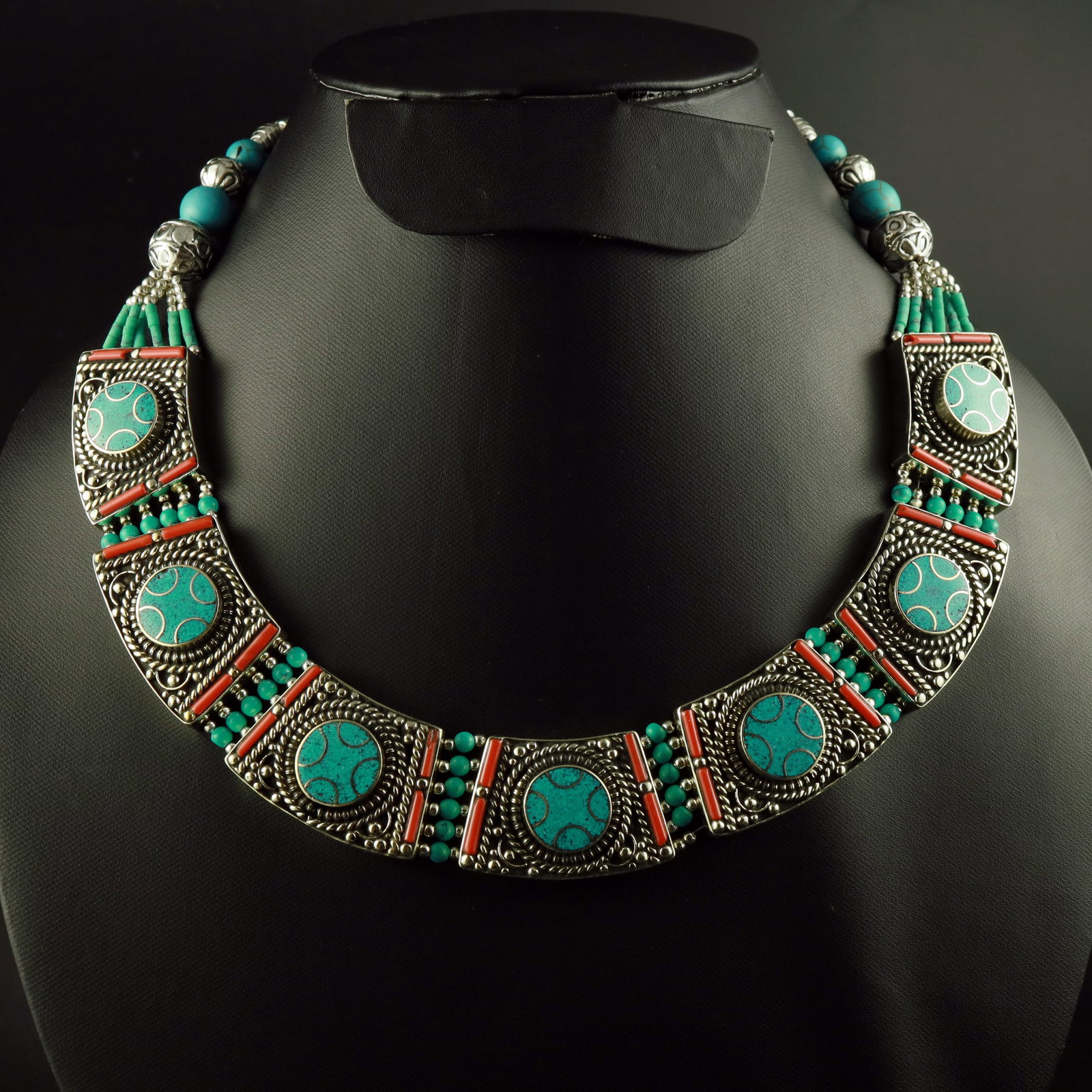 Tibetan Turquoise & Coral Handmade Ethnic Choker Necklace: Product ID: 260518171856 Product - Tibetan Handmade Necklace Gemstone - Natural Turquoise & Coral Necklace Length - 18 Inch Necklace Weight - 160 Gram Approx Metal - Brass & Copper mix Metal Origin - 
