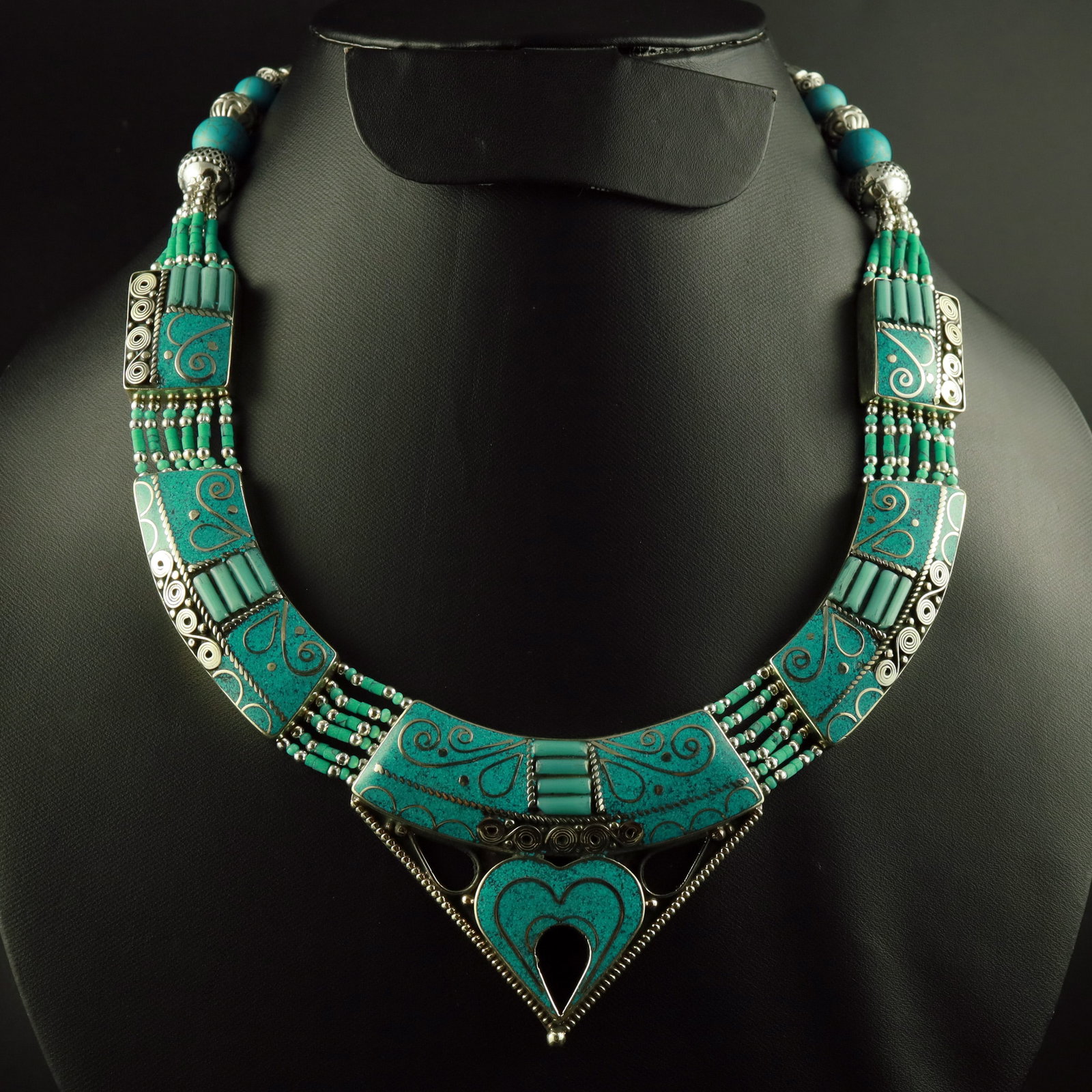 Tibetan Turquoise Handmade Designer Heart Necklace: Product ID: 260518171830 Product - Tibetan Handmade Necklace Gemstone - Natural Turquoise Necklace Length - 18 Inch Necklace Weight - 115 Gram Approx Metal - Brass & Copper mix Metal Origin - Nepal Co
