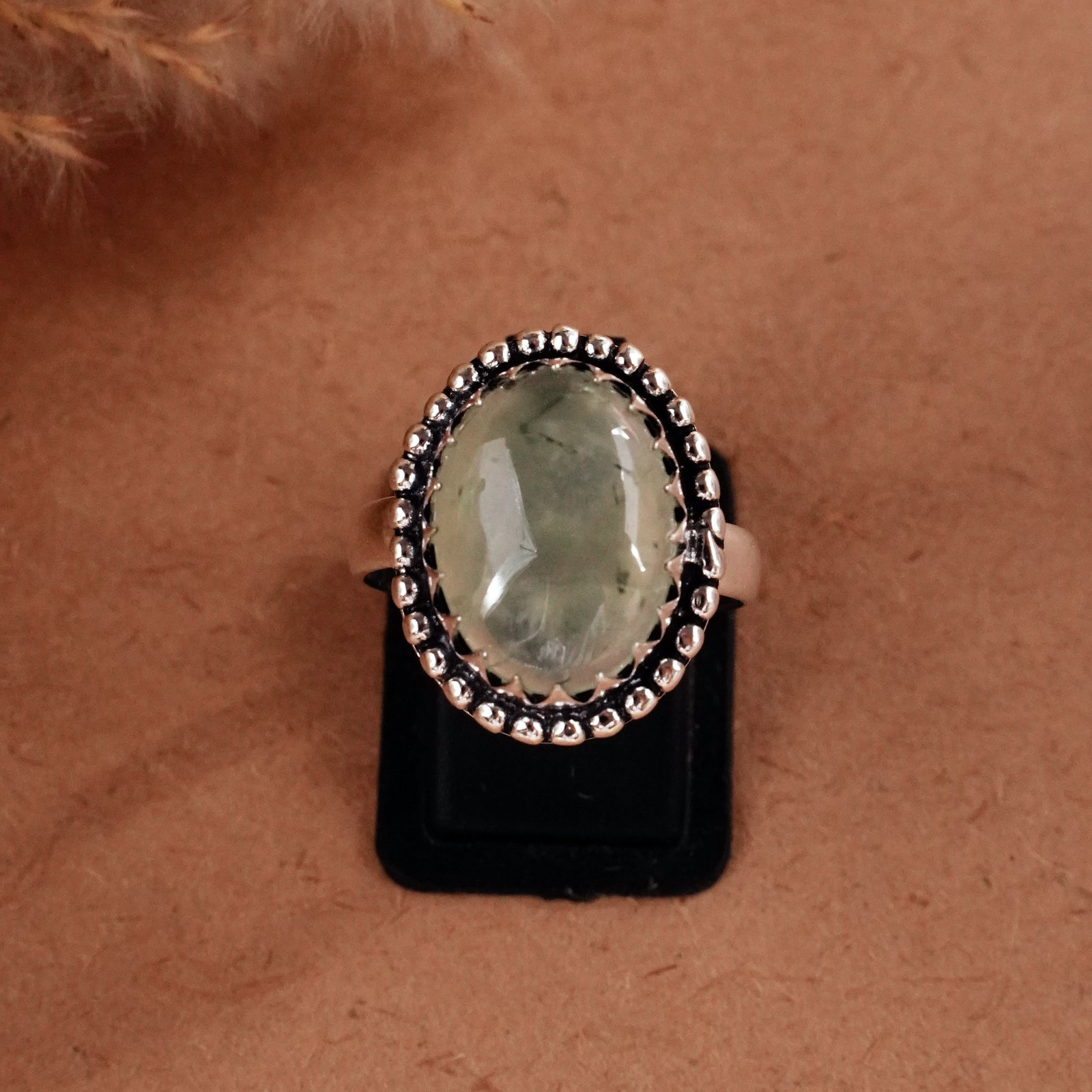 Natural Prehnite Sterling Silver Plated Handmade Ring - 9MM: Product ID: 260510123700 Product - Handmade Silver Plated Ring Metal - 92.5 Sterling Silver Plated Ring Size - 8MM Gemstone - Prehnite Gemstone Origin - South Africa Gemstone Size - 12X16 MM Gemstone 