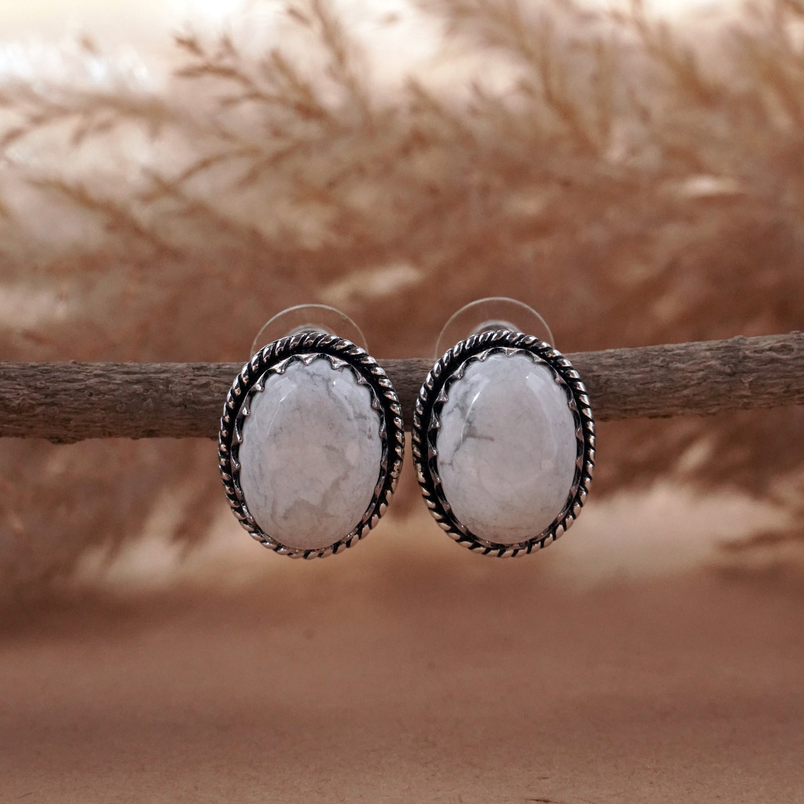 Natural Howlite Sterling Silver Plated Handmade Stud Earring: Product ID: 260503143716 Product - Handmade Silver Plated Stud Earring Metal - 92.5 Sterling Silver Plated Earring Type - Stud Gemstone - Howlite Gemstone Origin - Canada Gemstone Size - 12X16 MM ( 2 