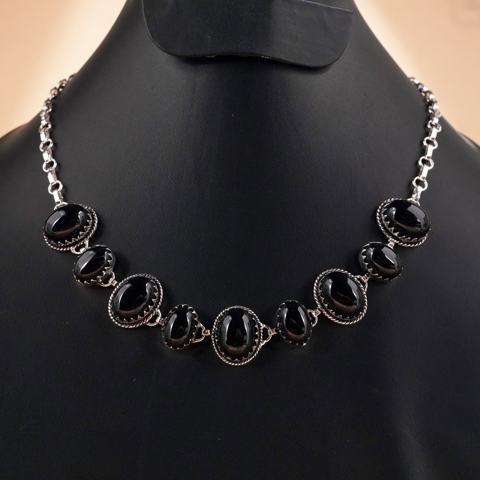 Natural Black Onyx Sterling Silver Plated Handmade Choker Necklace: Product ID: 260503134855 Product - Handmade Silver Plated Necklace Metal - 92.5 Sterling Silver Plated Necklace Length - 18 Inch Gemstone - Black Onyx Gemstone Size - 12X16 MM (5 Stone), 10X14 MM (4 S