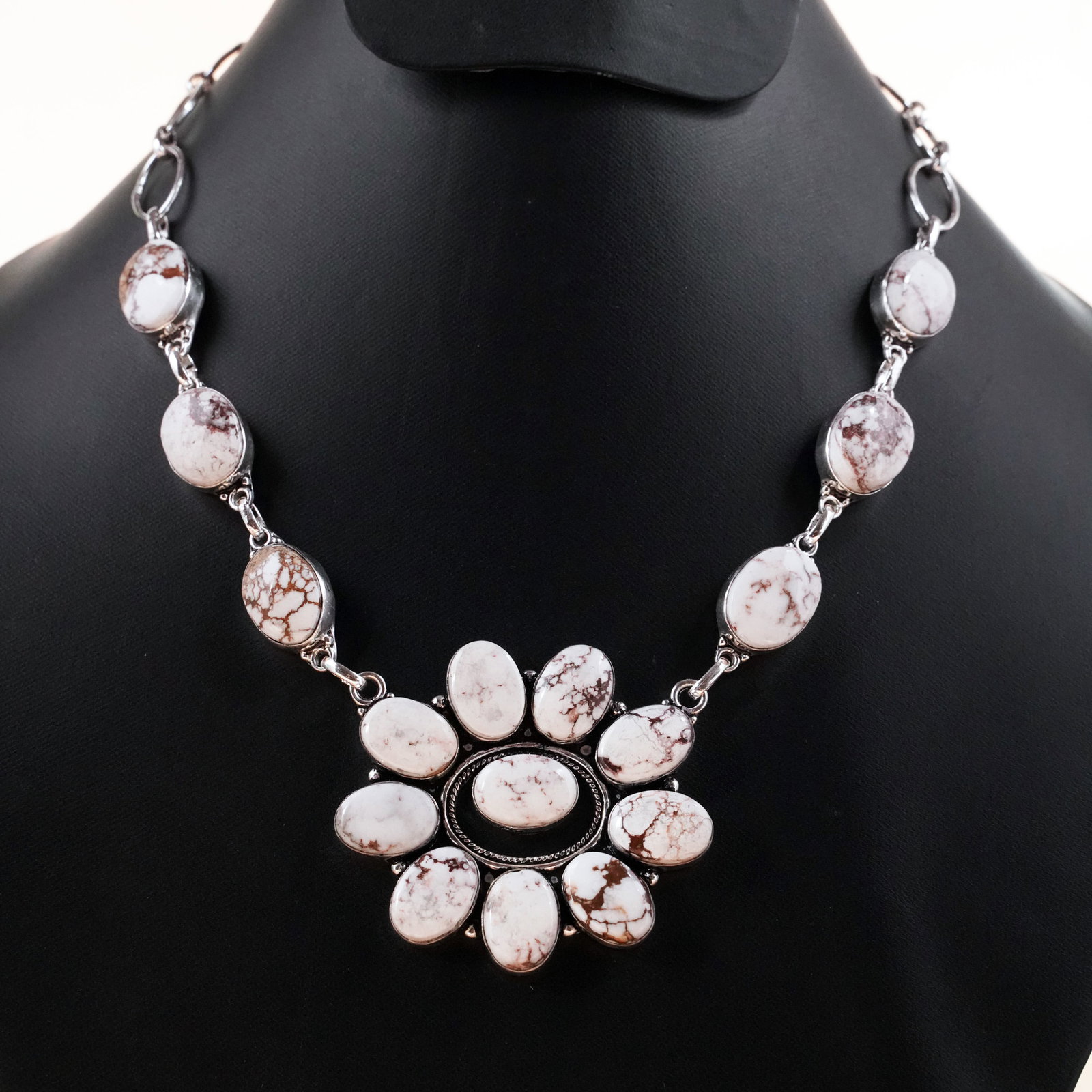 Natural Wild Horse Sterling Silver Plated Handmade Choker Necklace: Product ID: 260503132939 Product - Handmade Silver Plated Necklace Metal - 92.5 Sterling Silver Plated Necklace Length - 18 Inch Gemstone - Wild Horse Gemstone Size - 10X14 MM ( 10 Stone ), 12X16 MM (